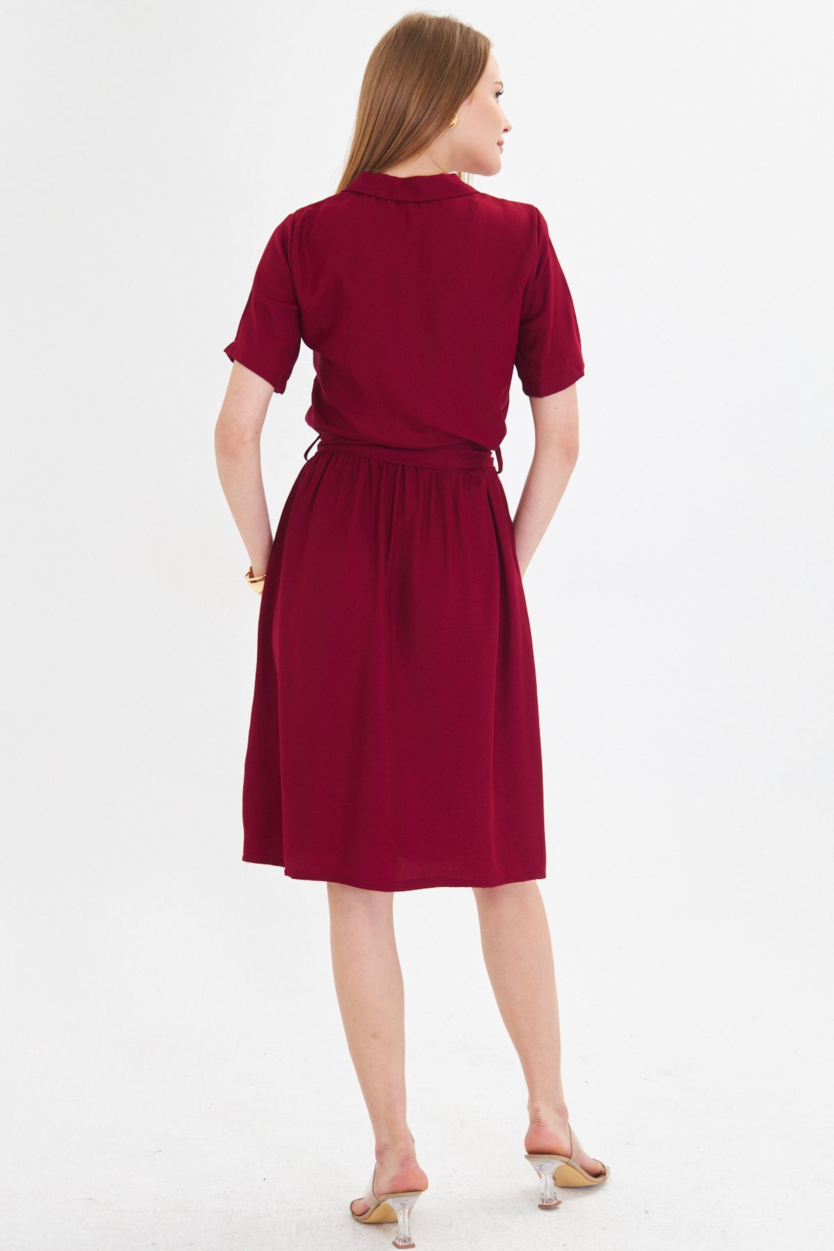 Female Bordeaux front buttoned waist shirred belt midi size dress ARM-24Y001068