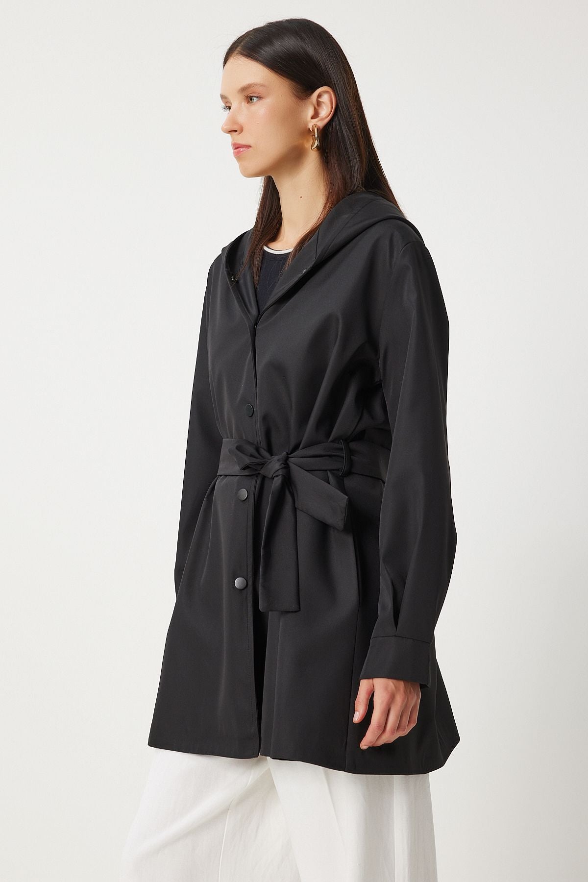 WOMEN'S Black Hooded Born Short Trench Coat DD01335