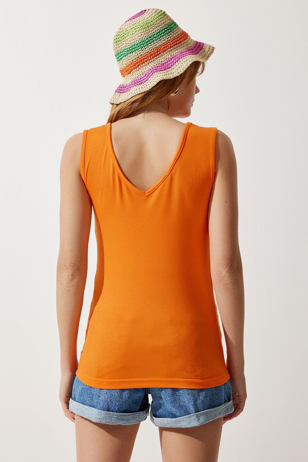 Female Orange Deep Front Rear V -Neck Viscose Blouse EN00578