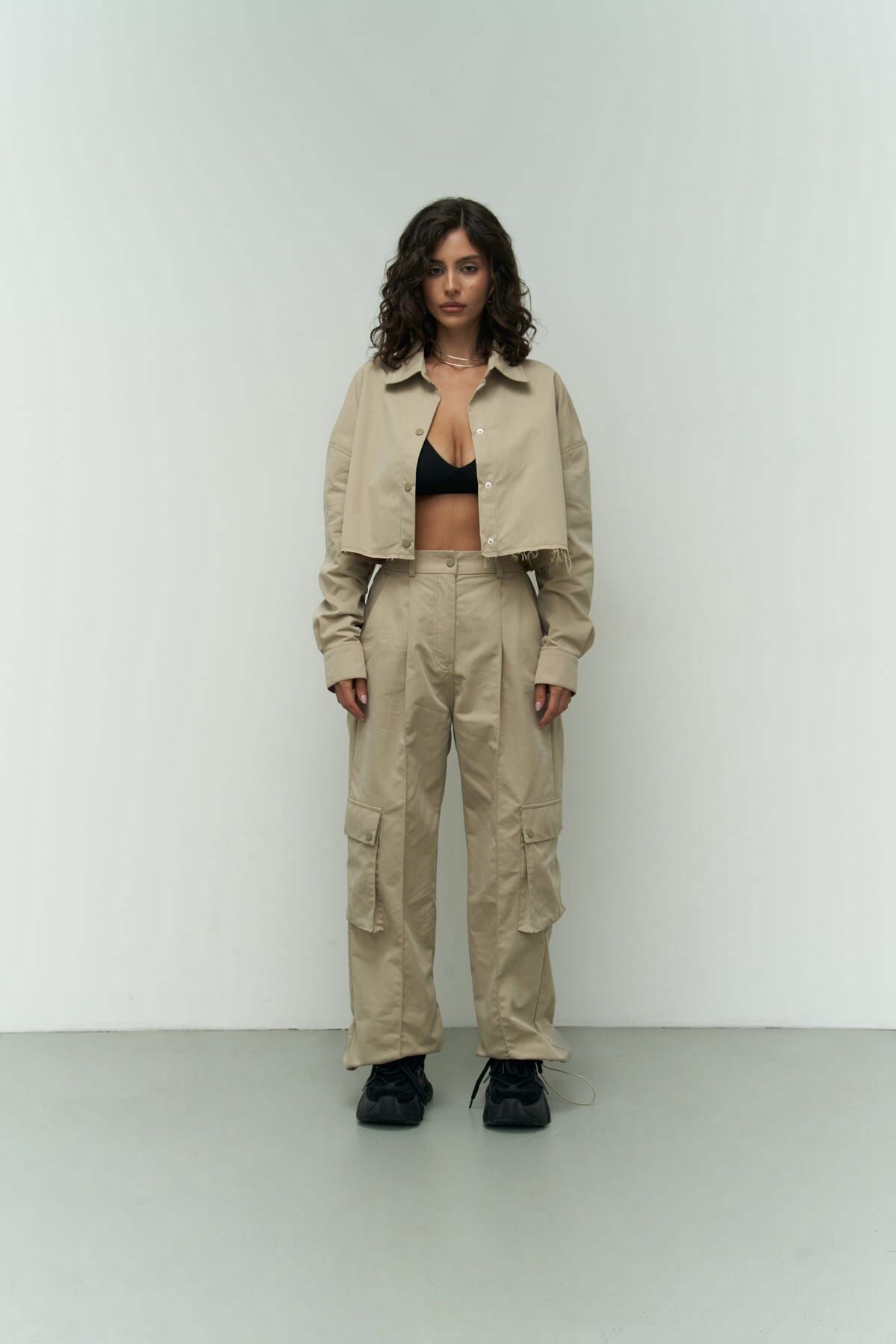 Abra Beige Crop Shirt Pants Set