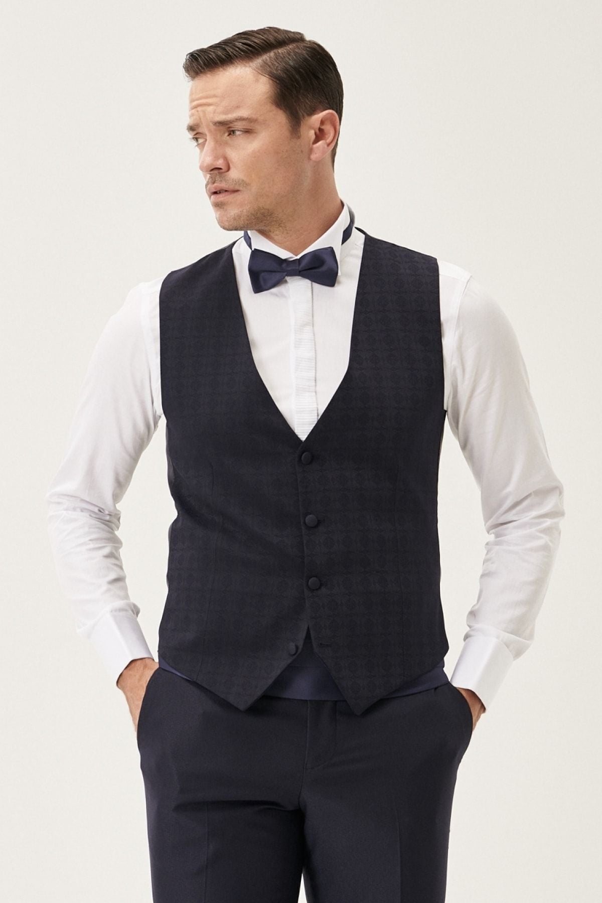 Men's navy blue extra slim fit tight -cut vest with patterned tuxedo grooming