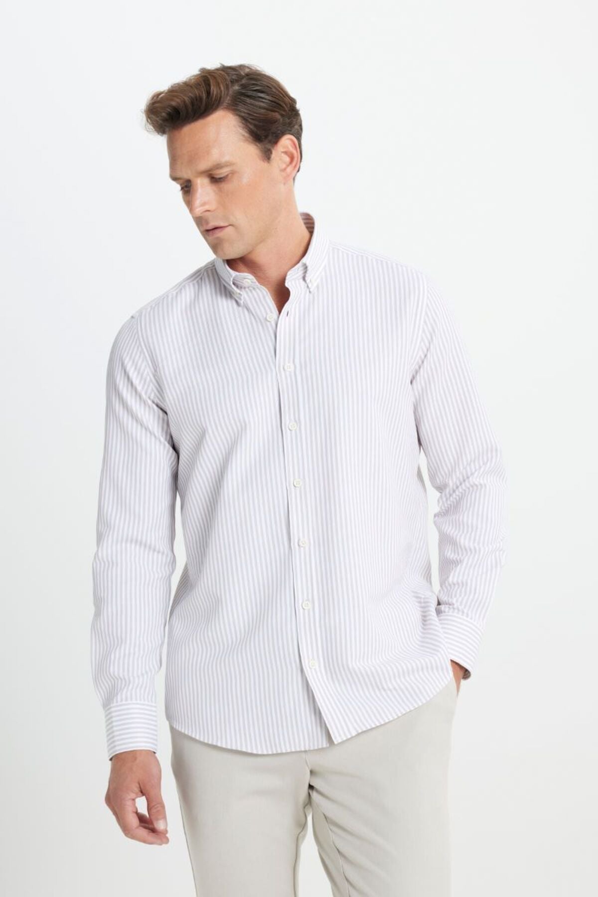 Cotton Slim Fit Narrow Cutting button with button striped white-bej shirt