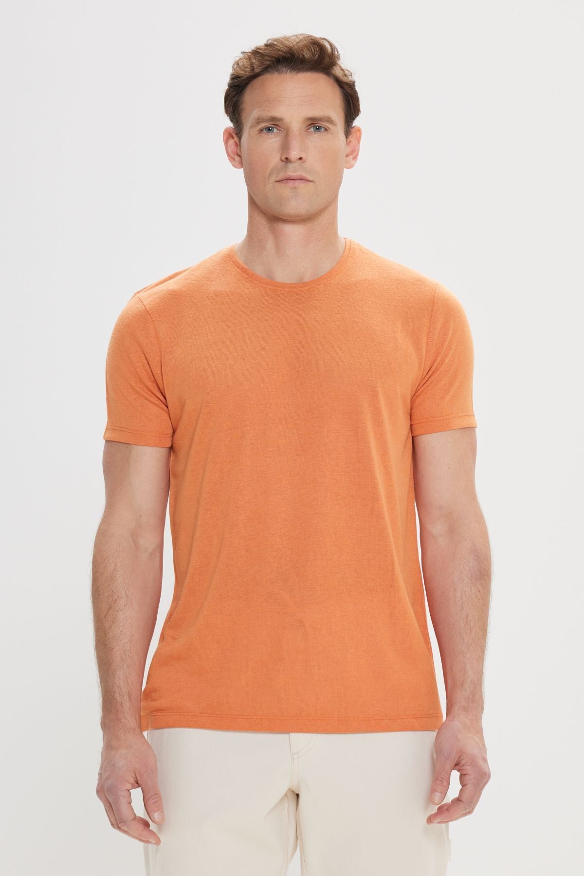 Men's orange slim fit narrow cut bike bike collar linen -looking T -shirt