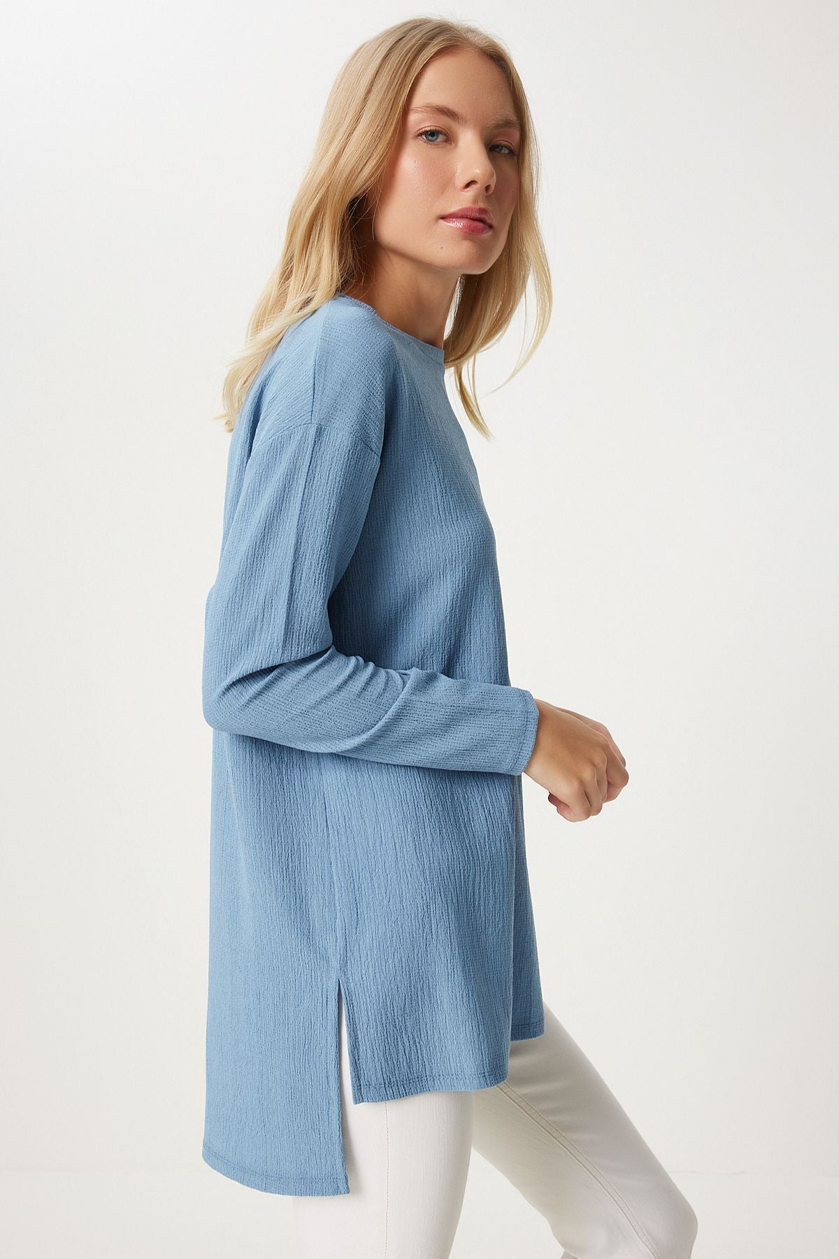 Women's Sky Blue Patterned Long Sleeve Blouse ZH00038
