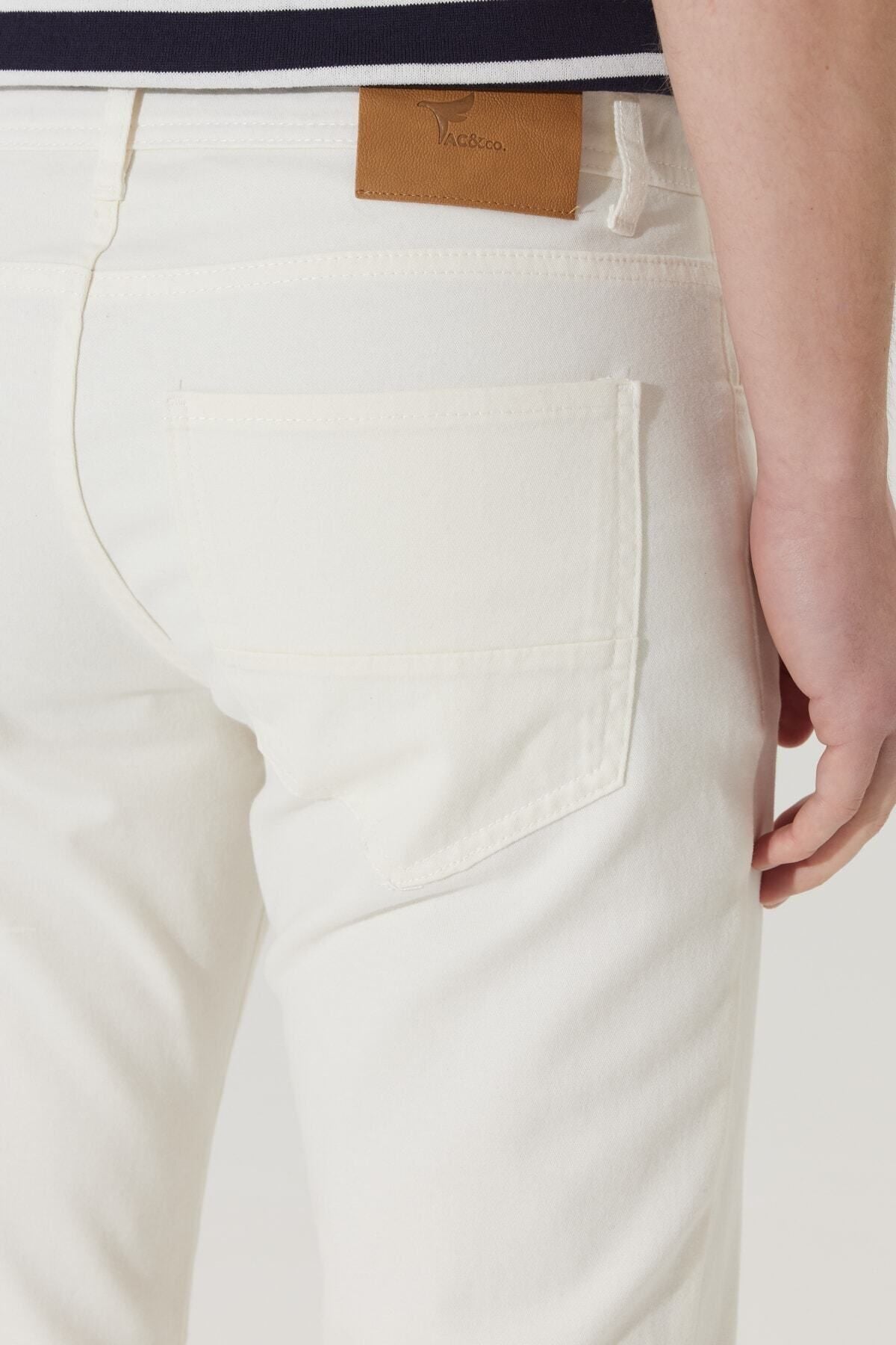 Men's ecru slim fit narrow cut 5 pocket cotton canvas flexible chino pants