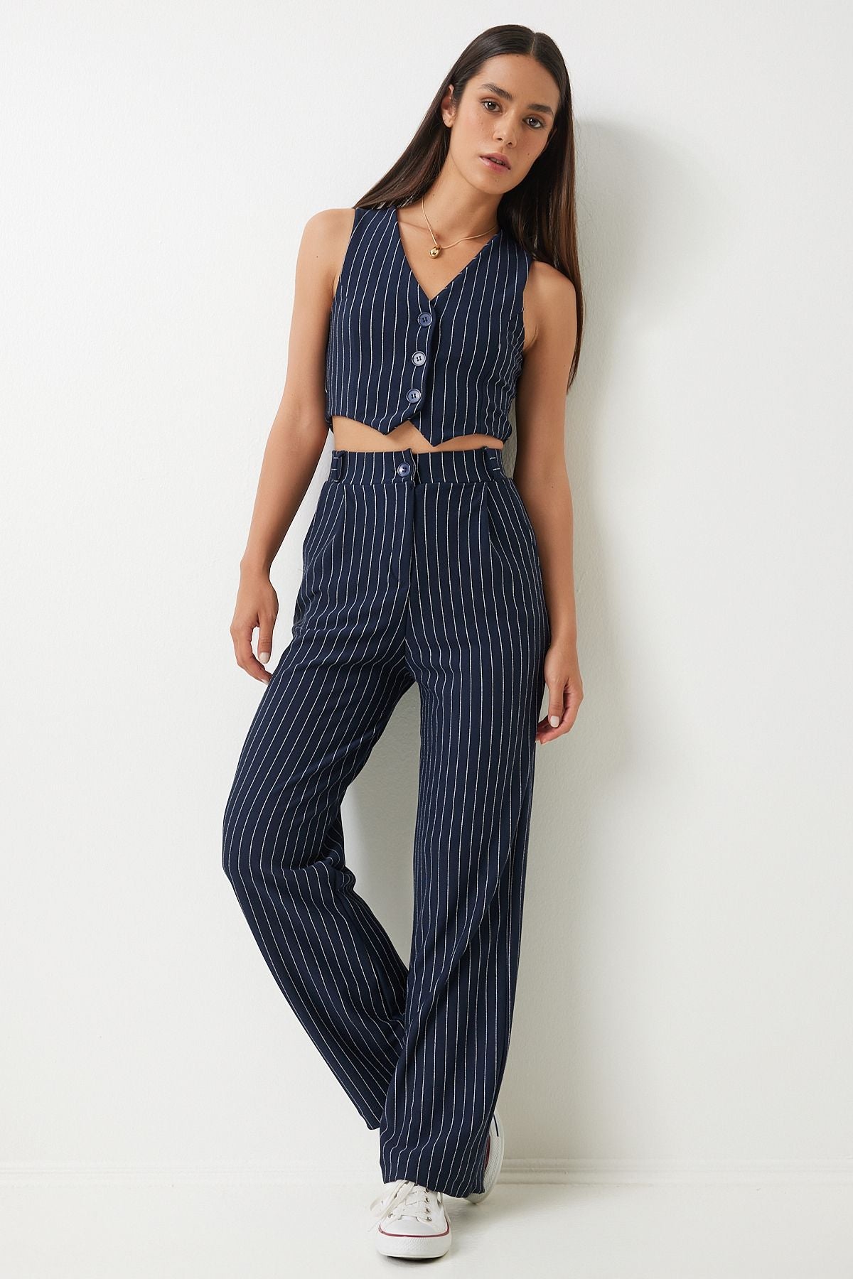 Woman Navy blue fine striped knitted vest pants set Mc00287