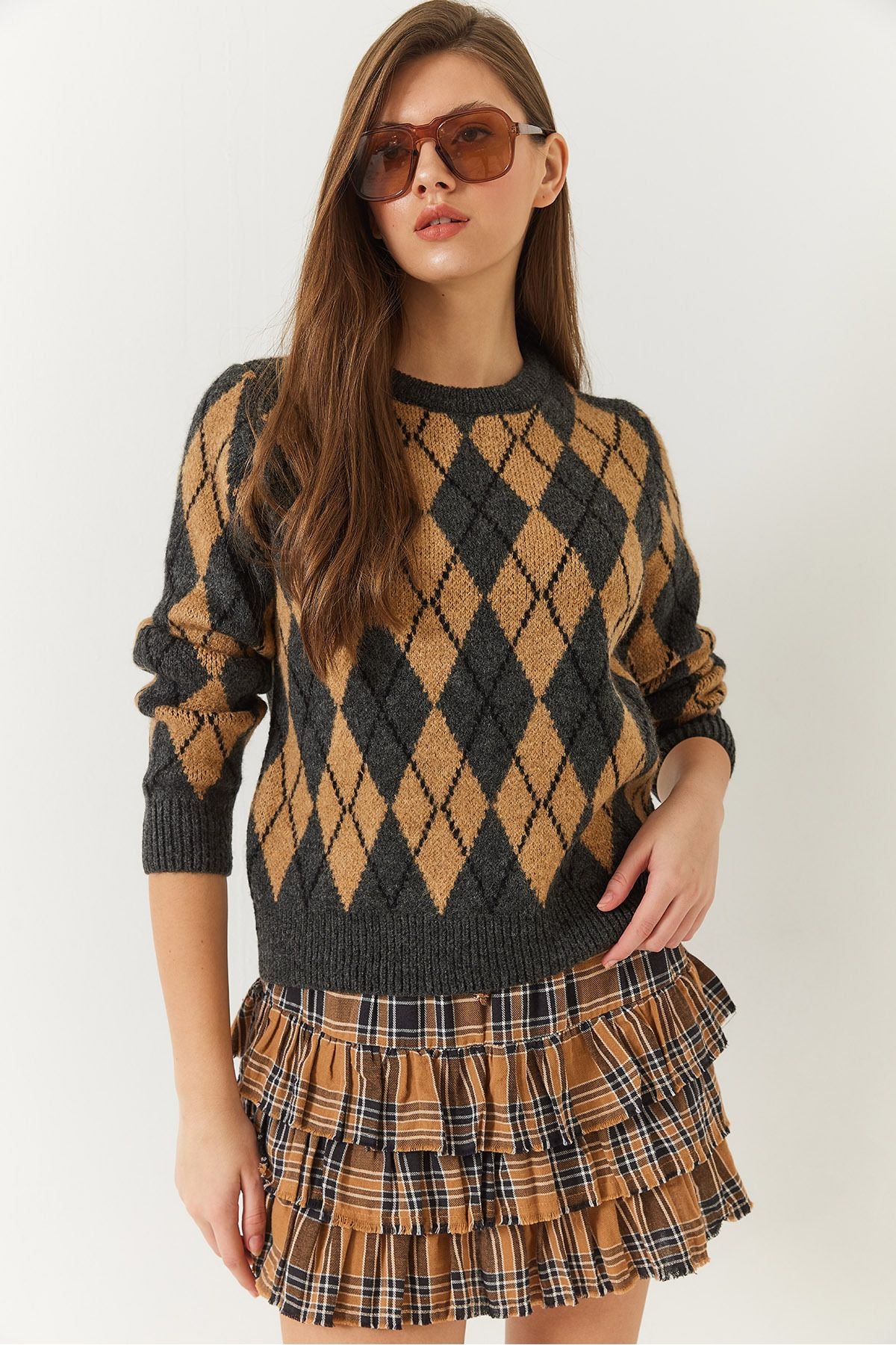 Female Bike Neck Baklava Patterned Sweater 241192 60261036