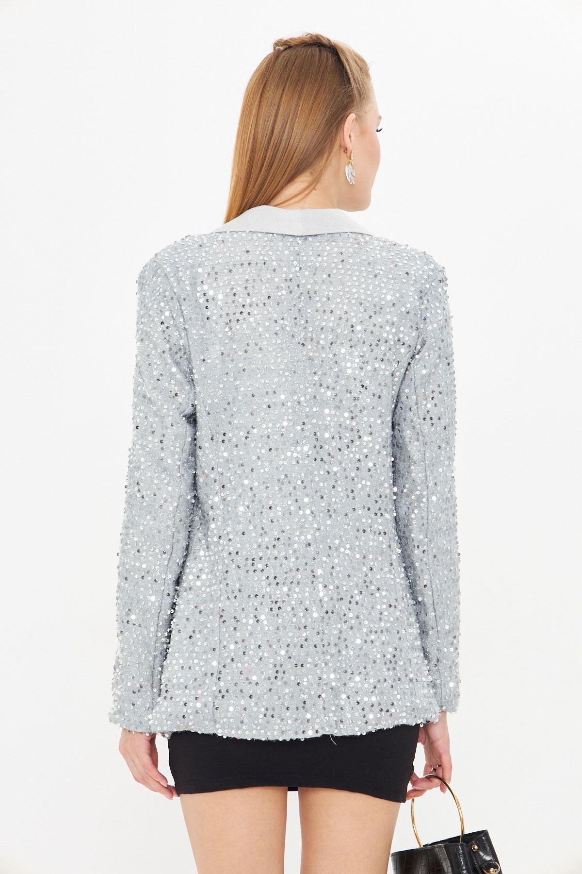 Woman Light Gray Shawl Paper Payet Jacket ARM-24K001052