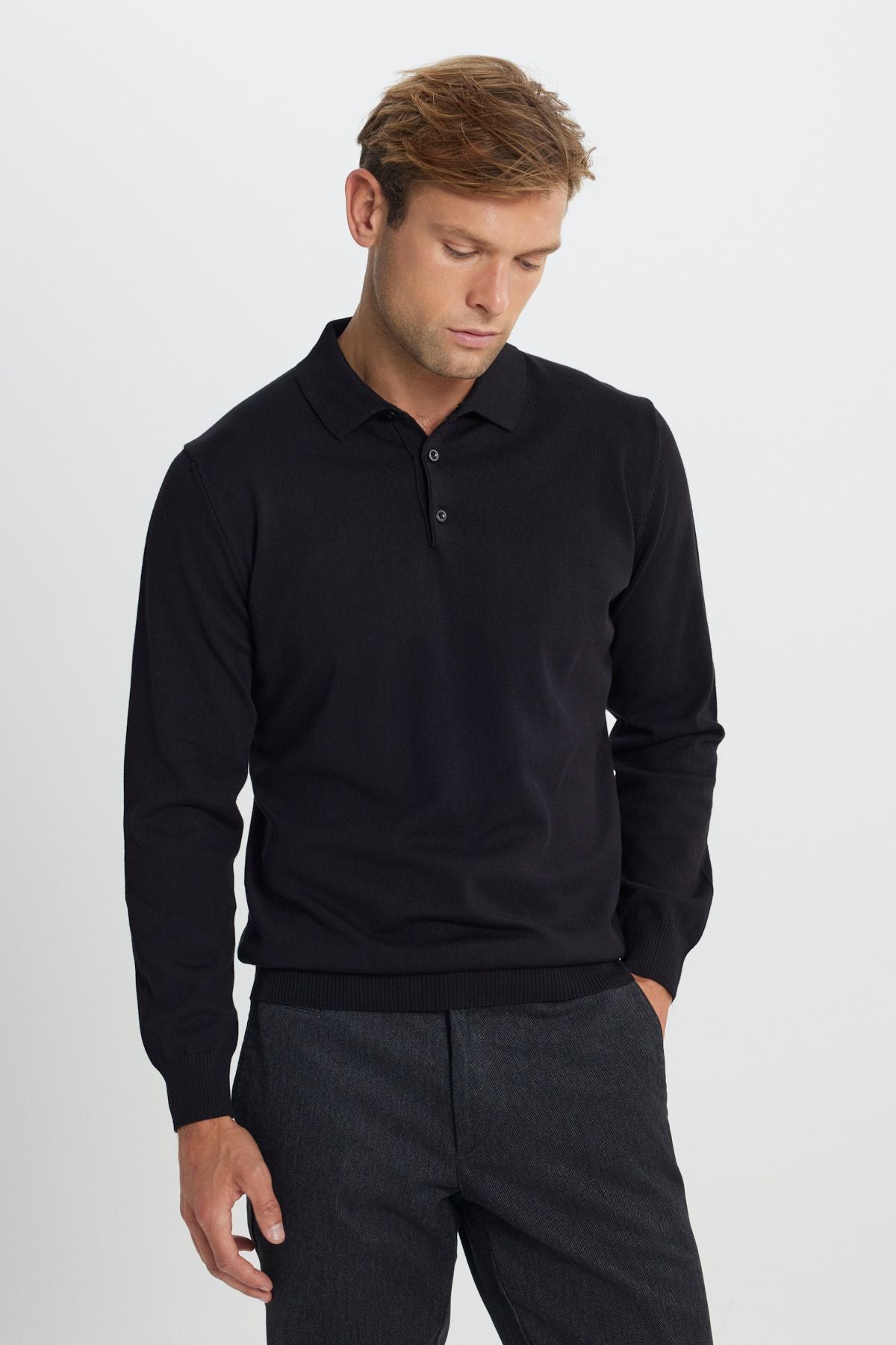 Men's Black Cotton Standard Fit Normal Cut Polico Sweater