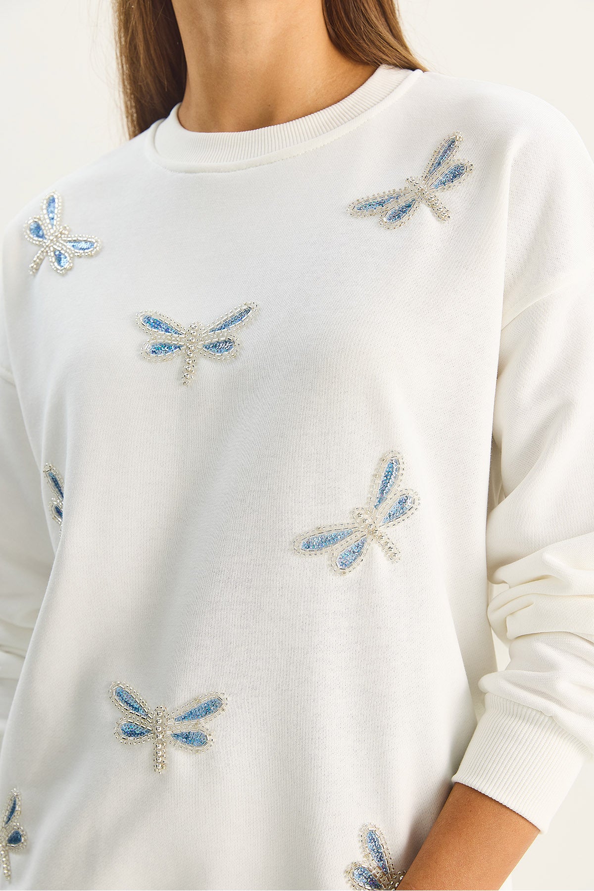 Women's Crew Neck Dragonfly Stone Embroidered Relaxed Sweatshirt 1558 60283660