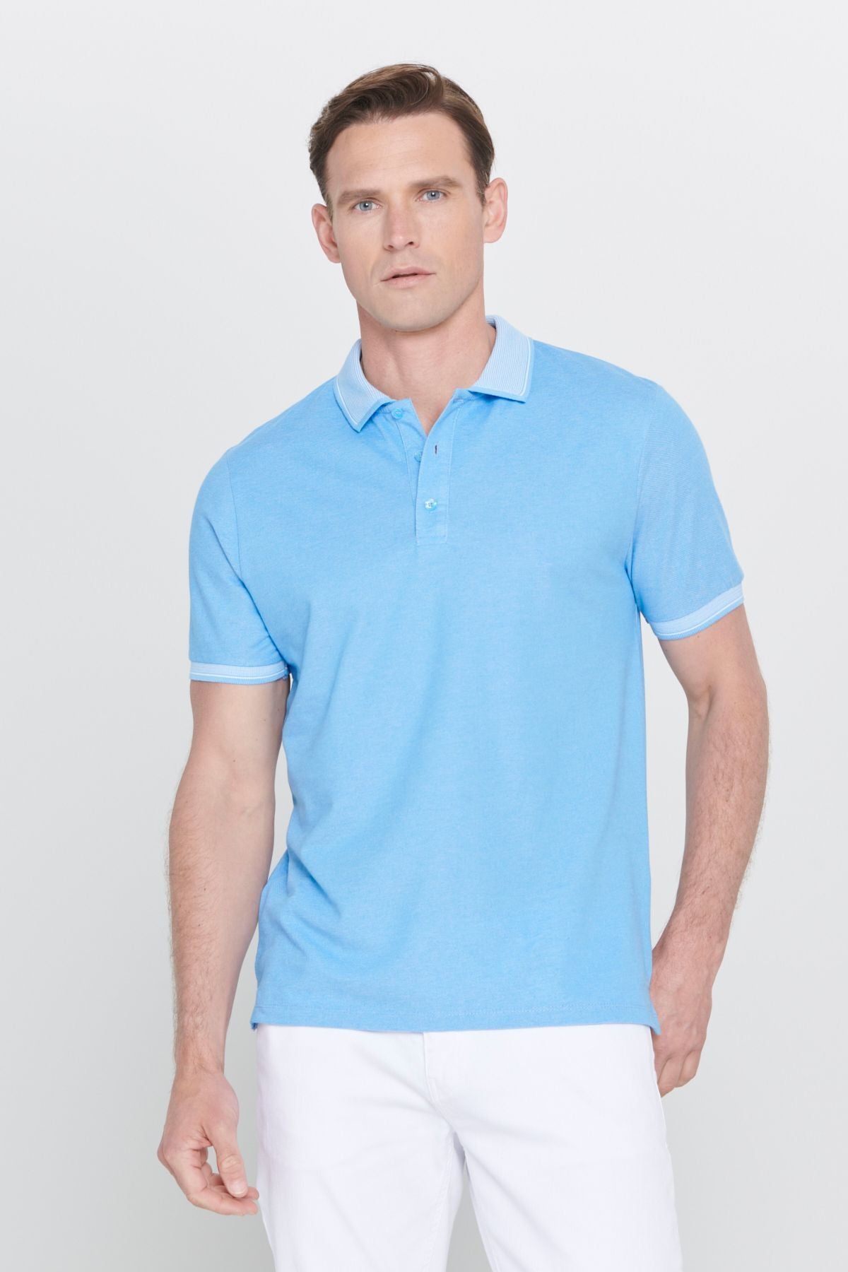 Men -Plugging Cotton Fabric Slim Fit Narrow Cut Blue Curled Polo Yaka T -shirt