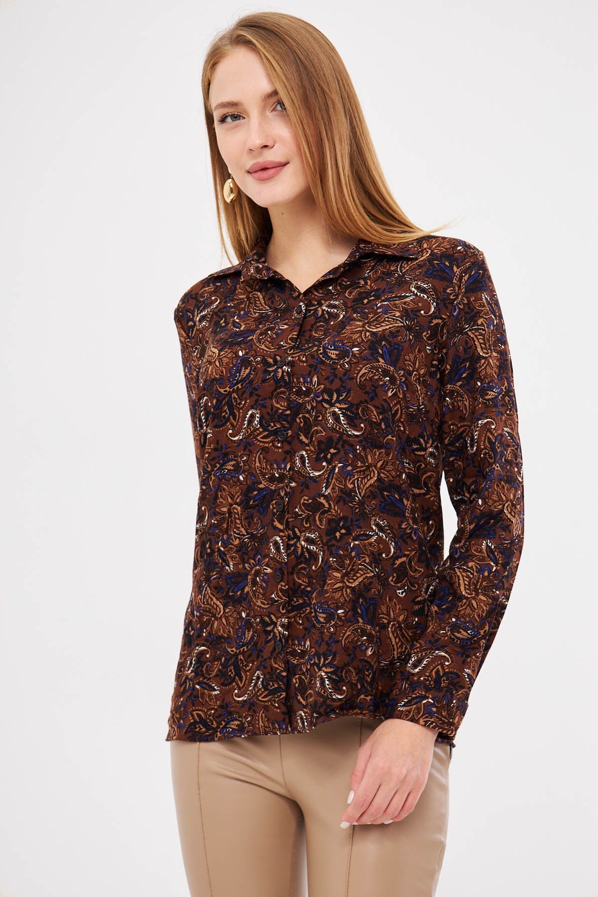 Women's Coffee Patterned Long Sleeve Shirt ARM-25K001040