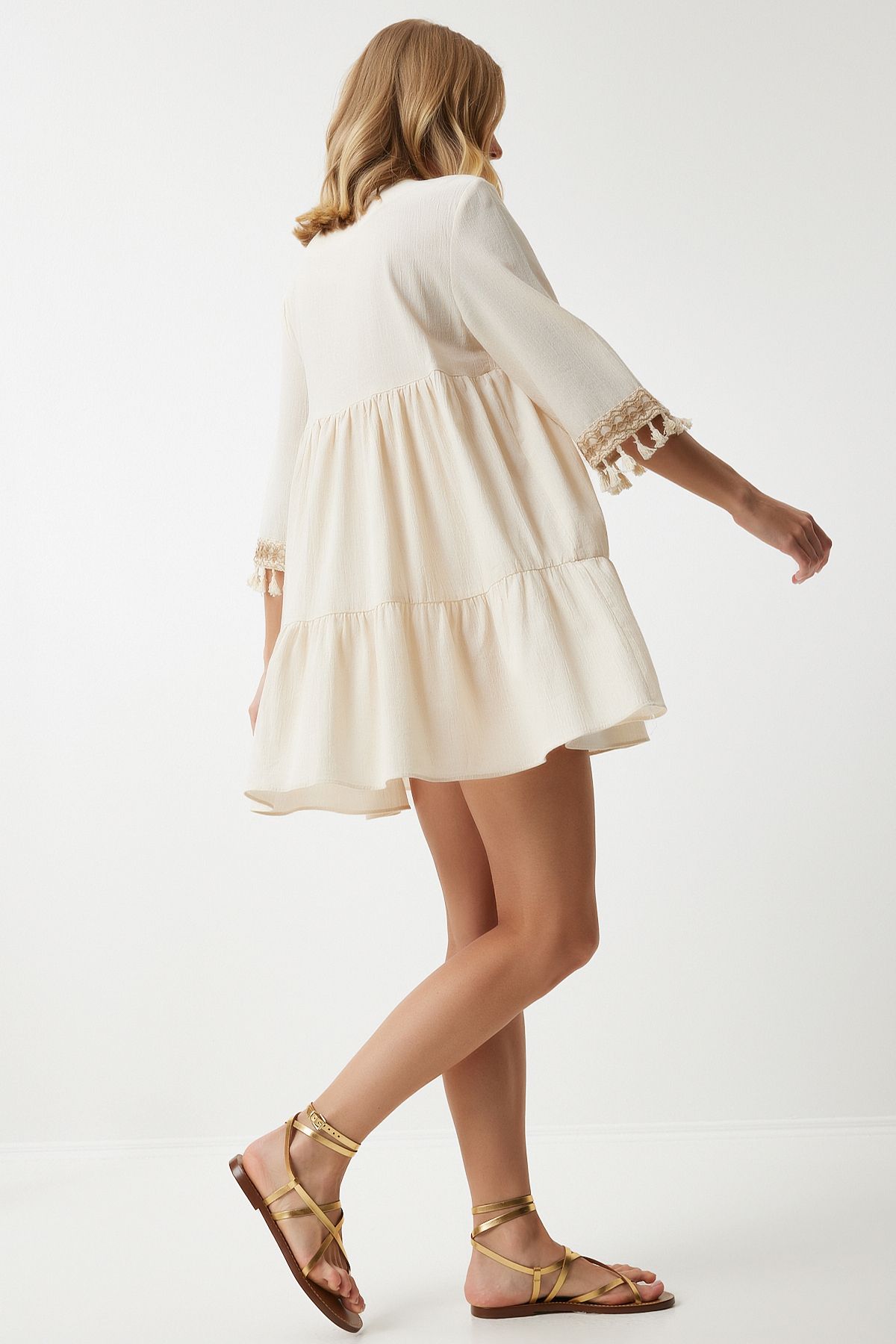 Women's cream v neck tassel detailed mini dress rv00194