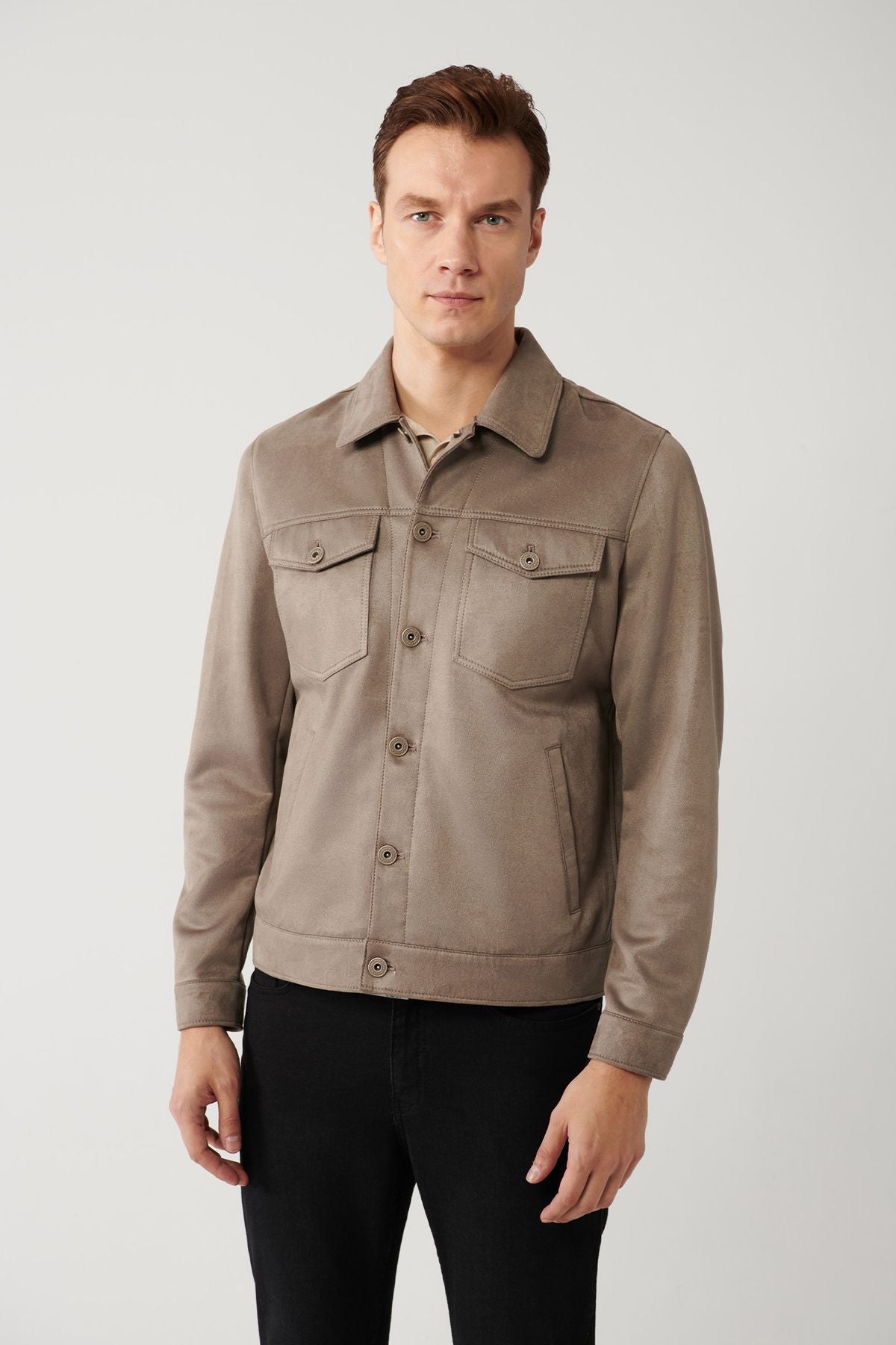 Men's anthracite Classic collar suede -looking pocket jacket A41y6011