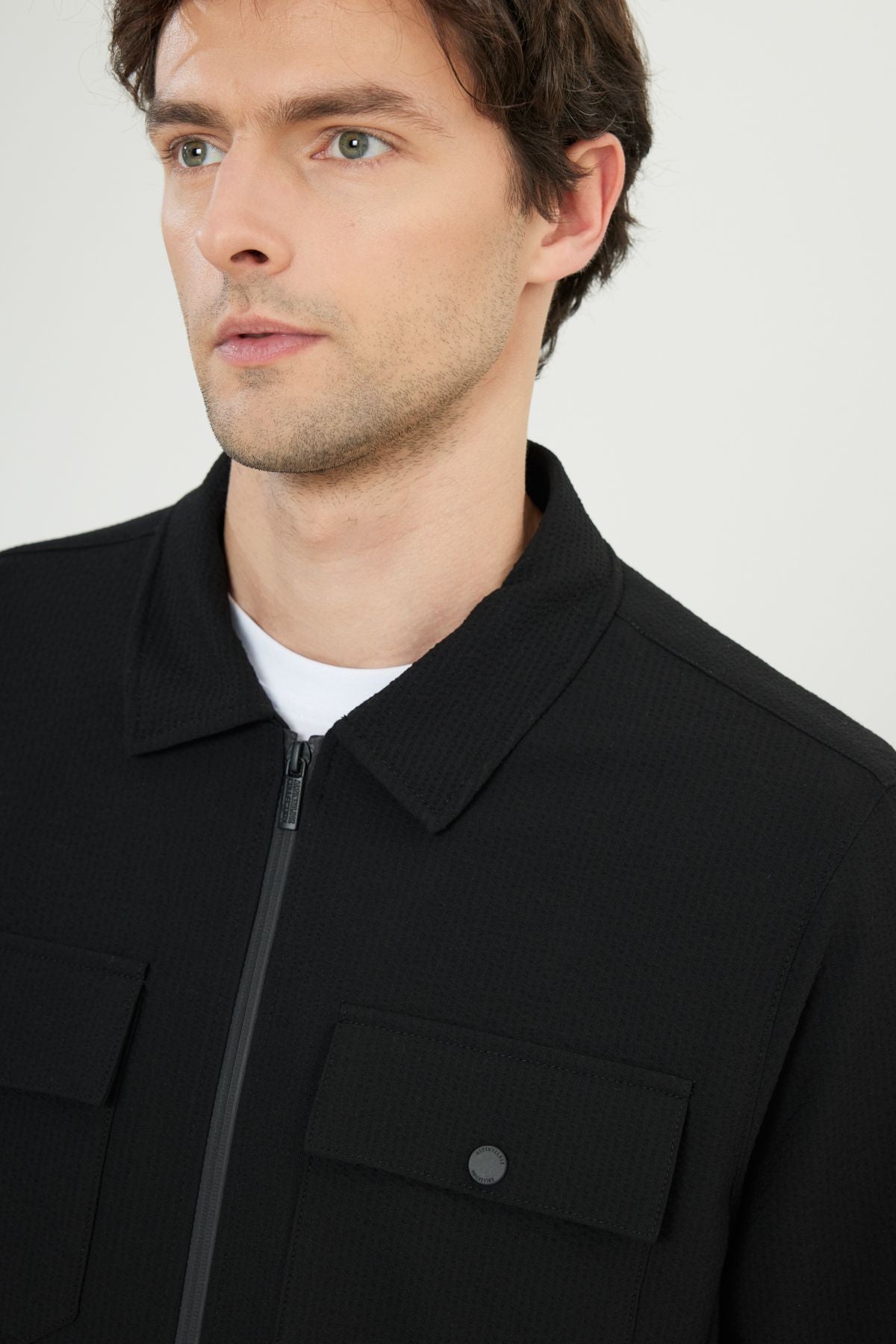 Men's black woolen relax fit comfortable cut shirt collar wafer patterned flexible suit jacket