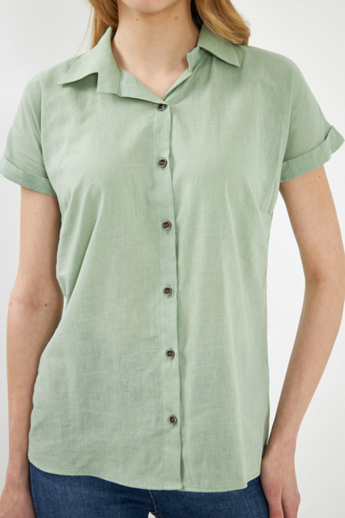 Female Mint Short Sleeve Linen Shirt ARM-24Y001038