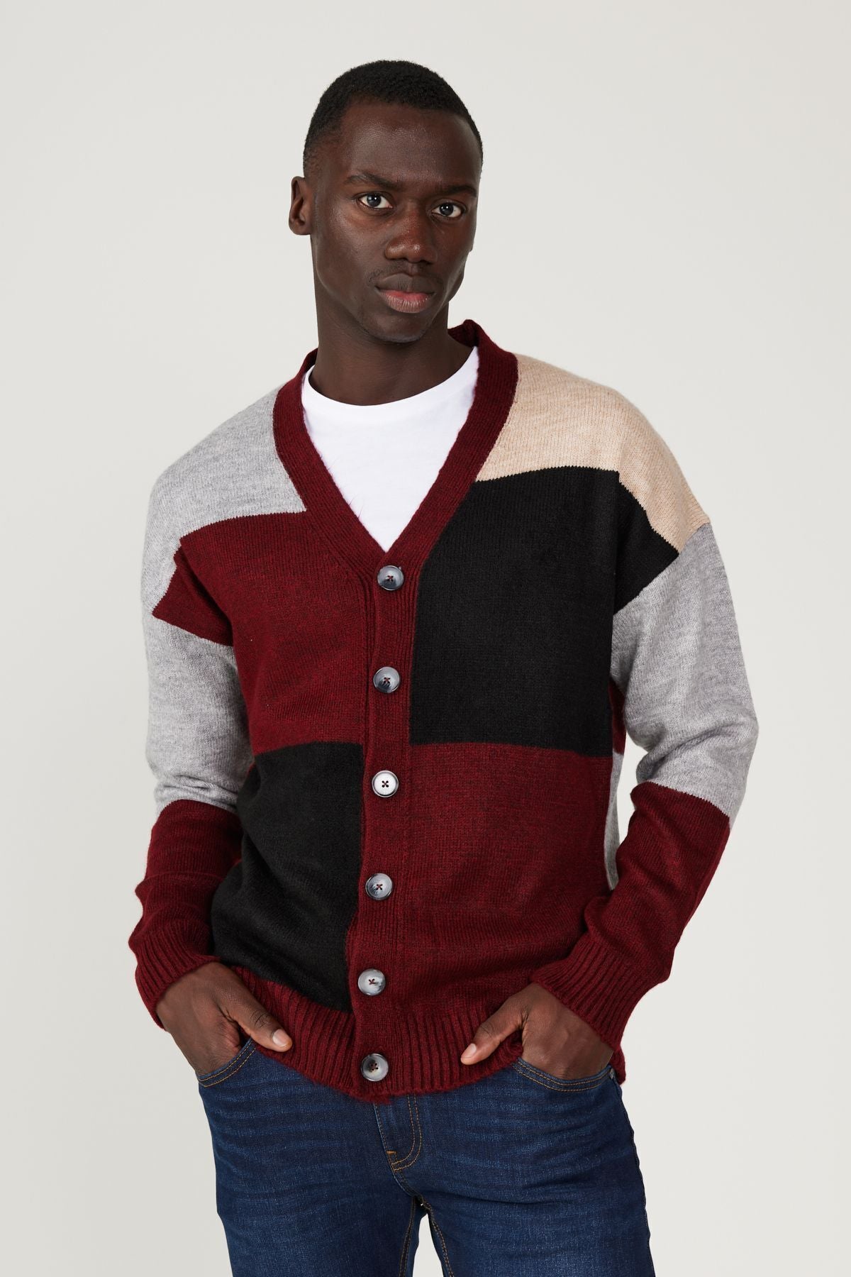 Men's Bordeaux-Gri standard fit Normal Cut V-Neck Soft textured knitwear cardigan