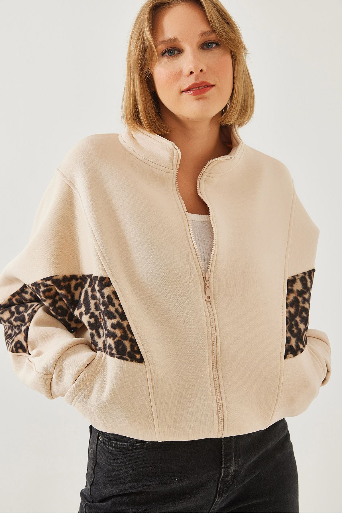 Female Leopard Pattern Polar garnish zipper cardigan 6416 60251953