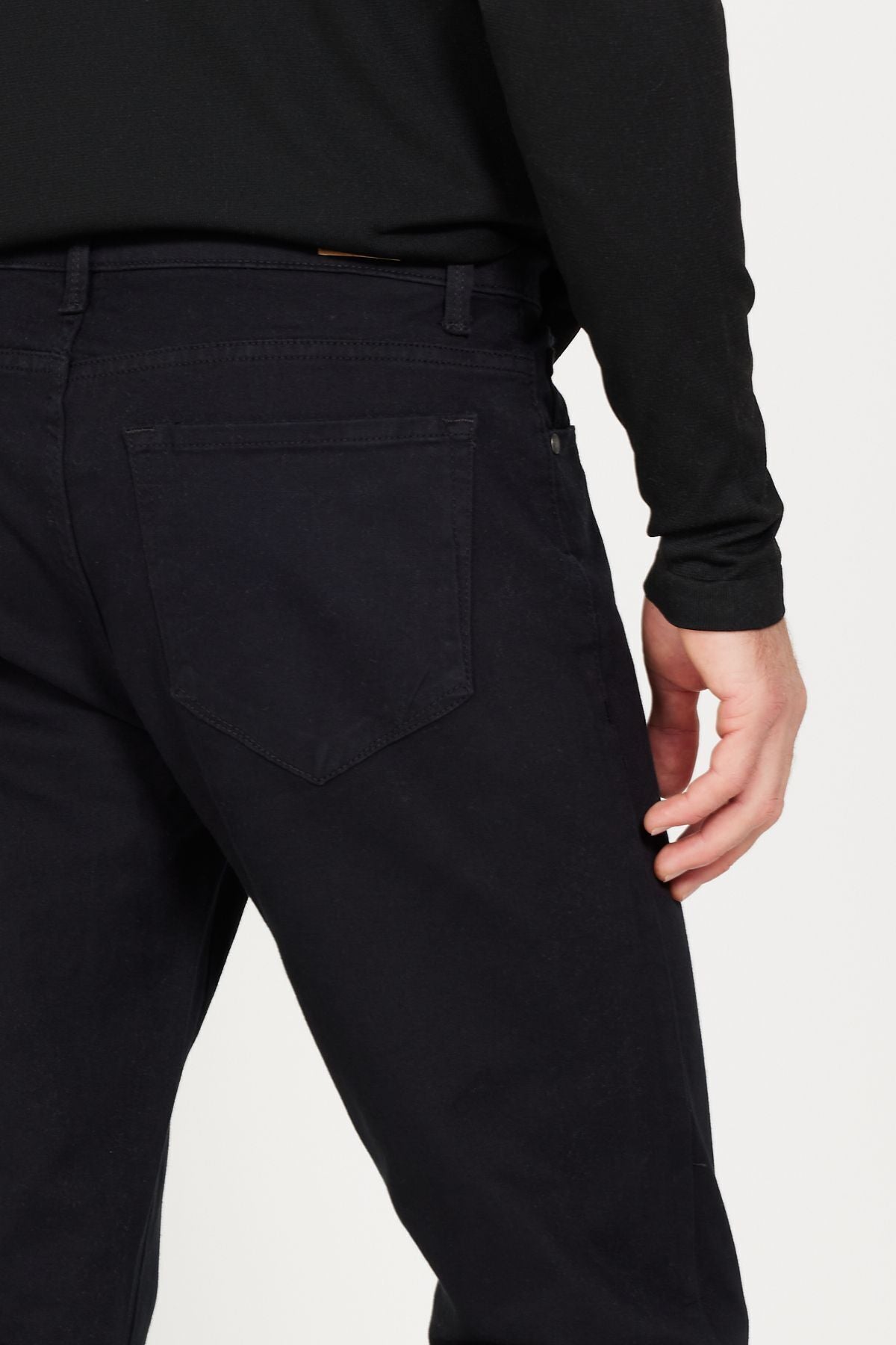 Men's black slim fit narrow cut 5 pocket cotton flexible pants