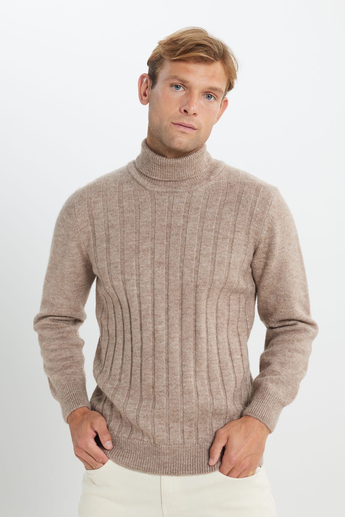 Men's Beige Melanj Standard Fit Normal Cut Full Fisherman Neck Jacquard Knitwear Sweater