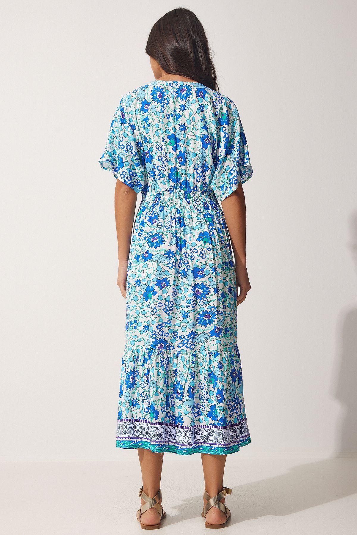Women's Blue V -Neck Floral Summer Viscose Dress HF00435