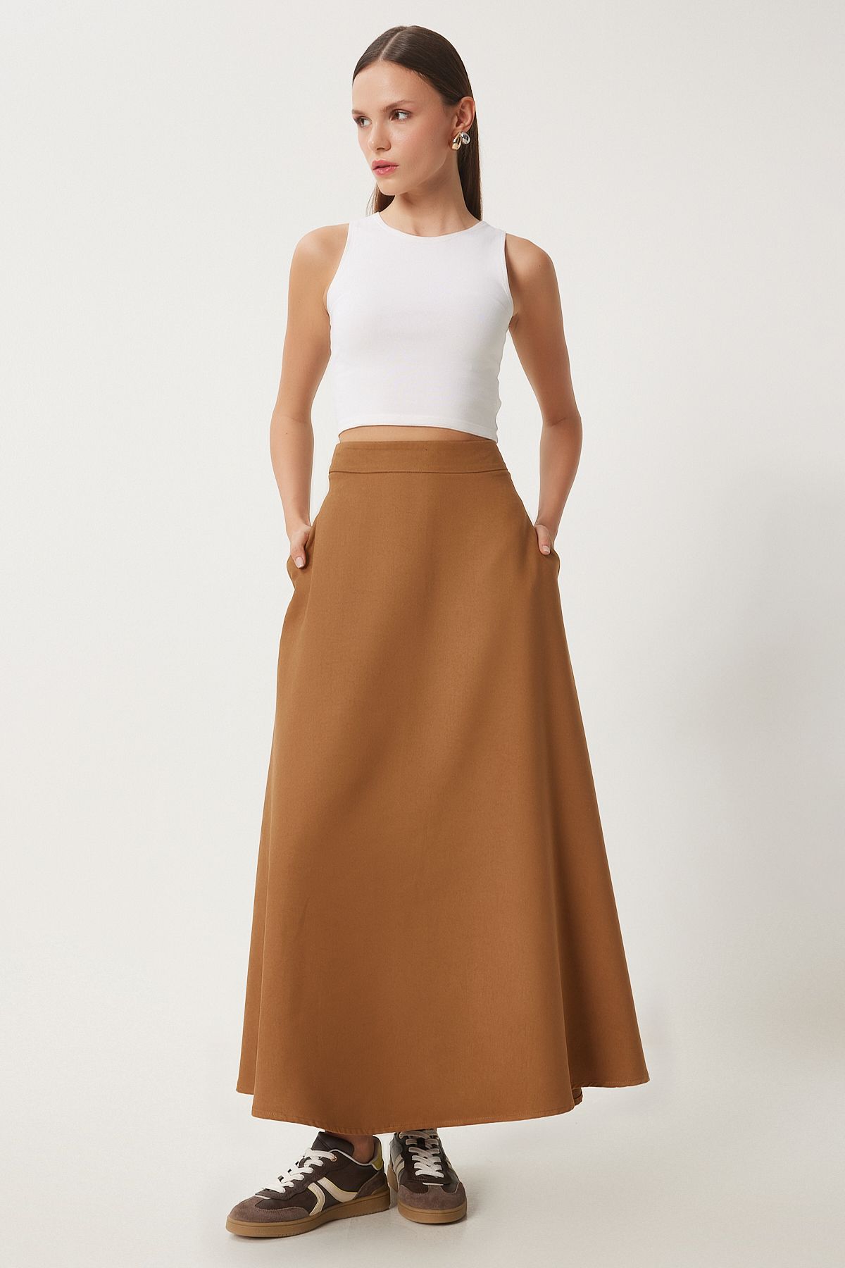 Female Camel Pocket Jacquard Süet Kloş Skirt RG00045