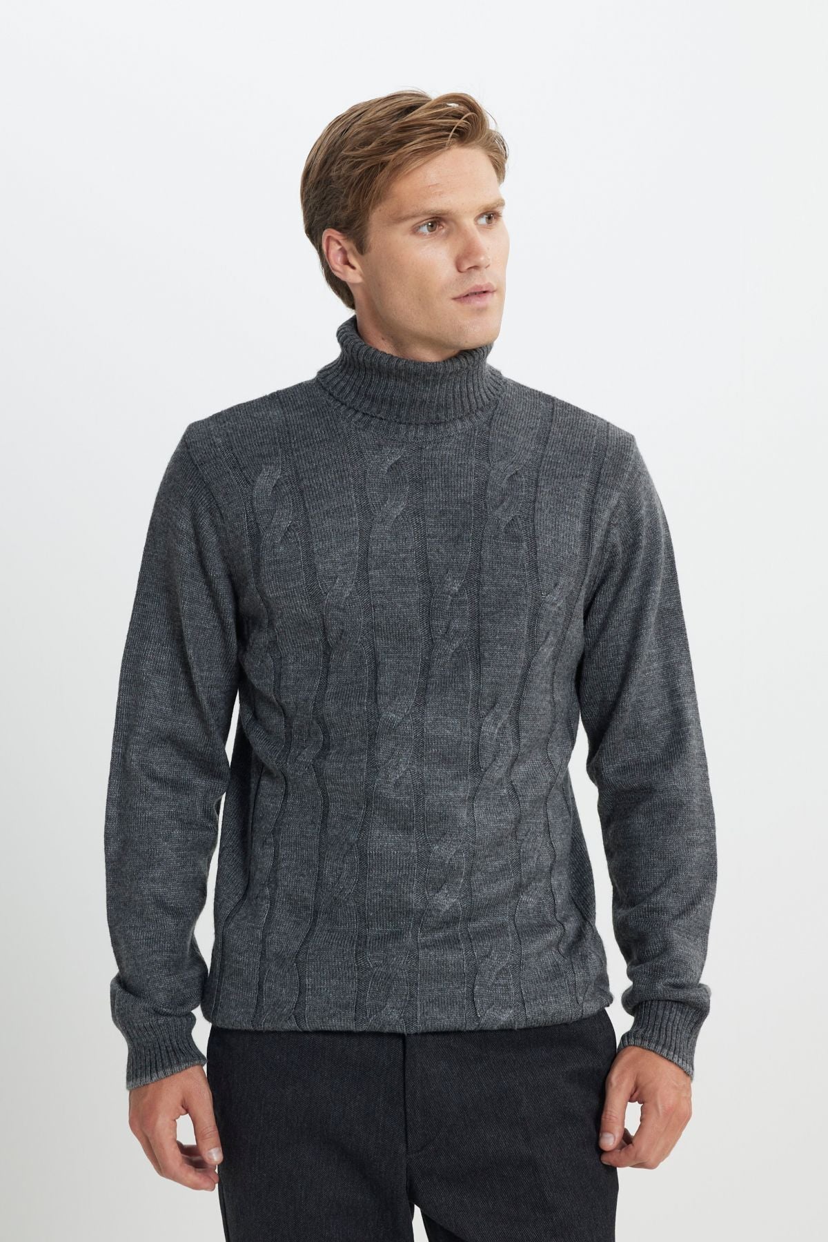 Men's anthracit-melanj standard fit normal cut full fishing collar jacquari knitwear sweater