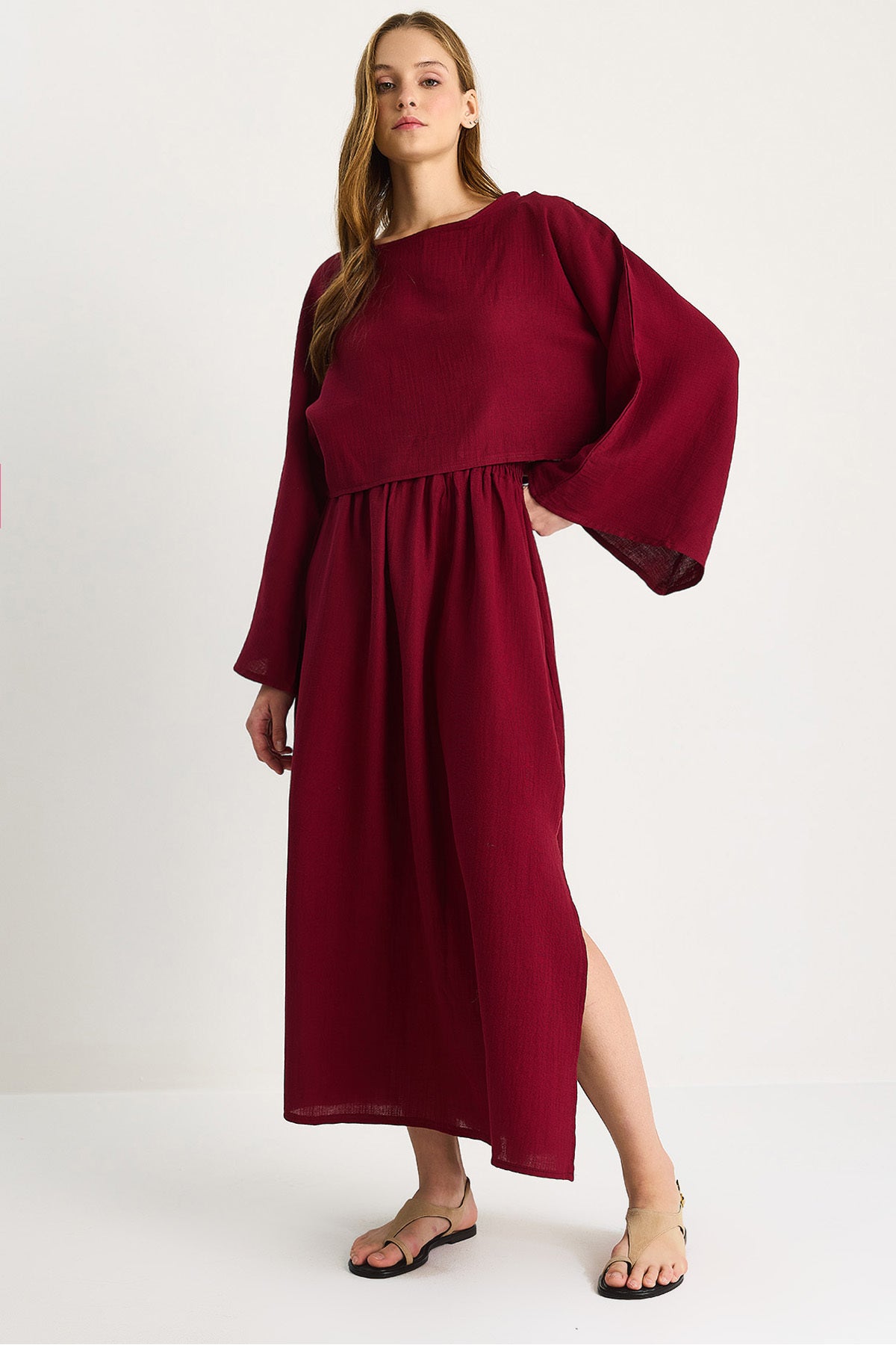 Women's Bat Sleeve Crop Slit Detail Skirt Muslin Suit 9280-1 60283504