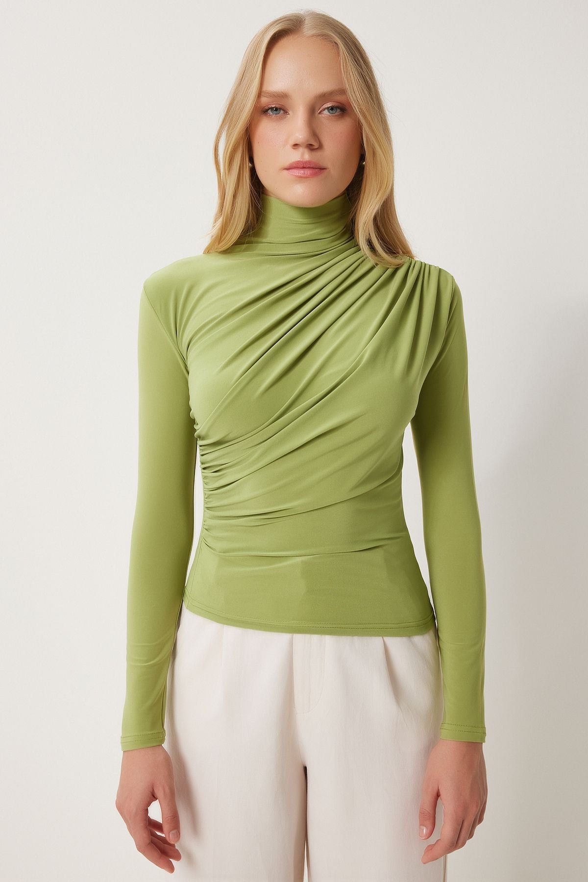 Female peanut green shirring detailed upright collar sandy blouse FF00135