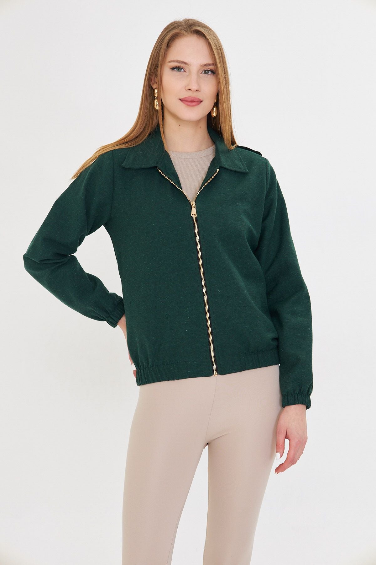 Female emerald front zipper gabardin coat ARM-22K001068