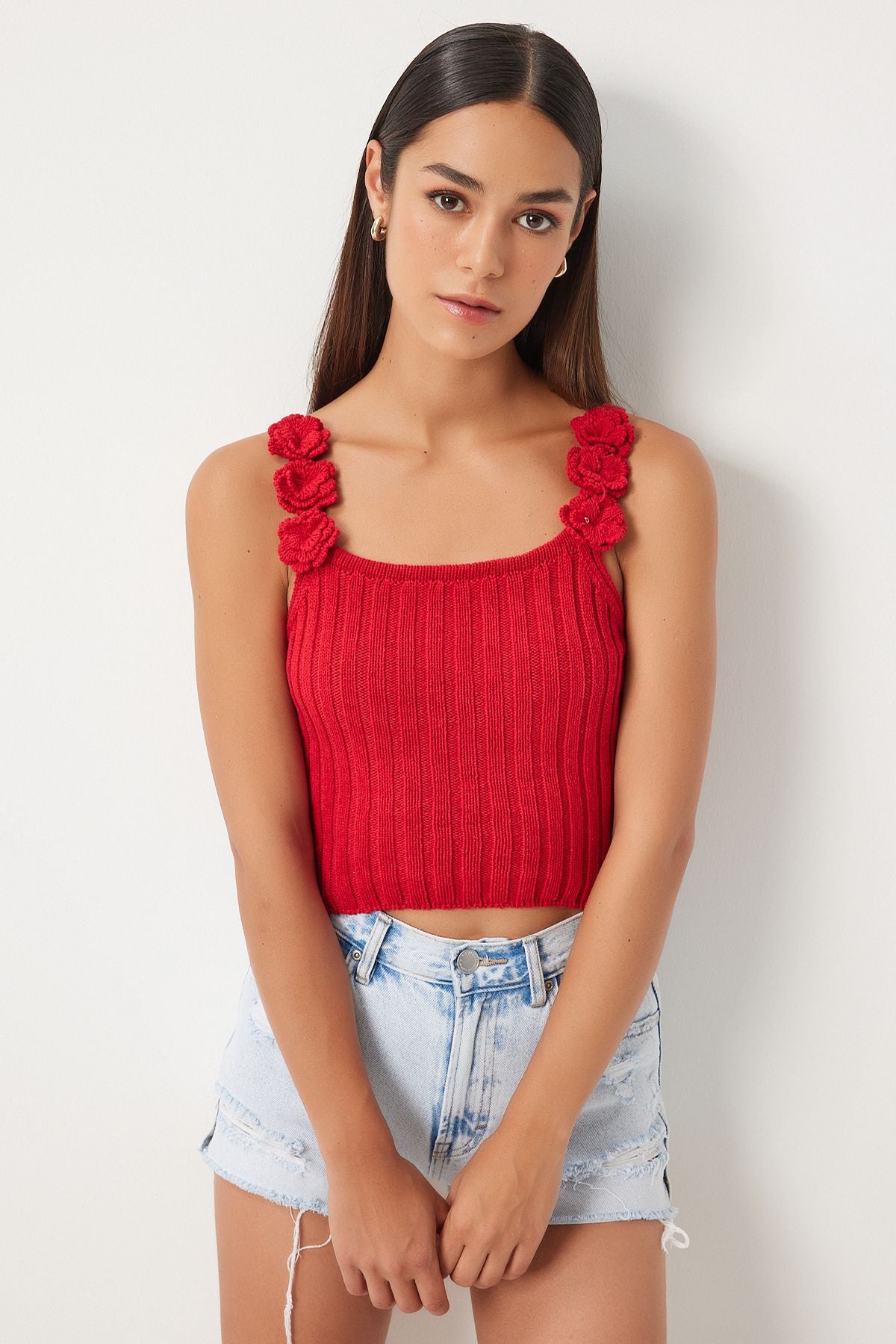 Woman red flowering hanger crane knitwear blouse av00037