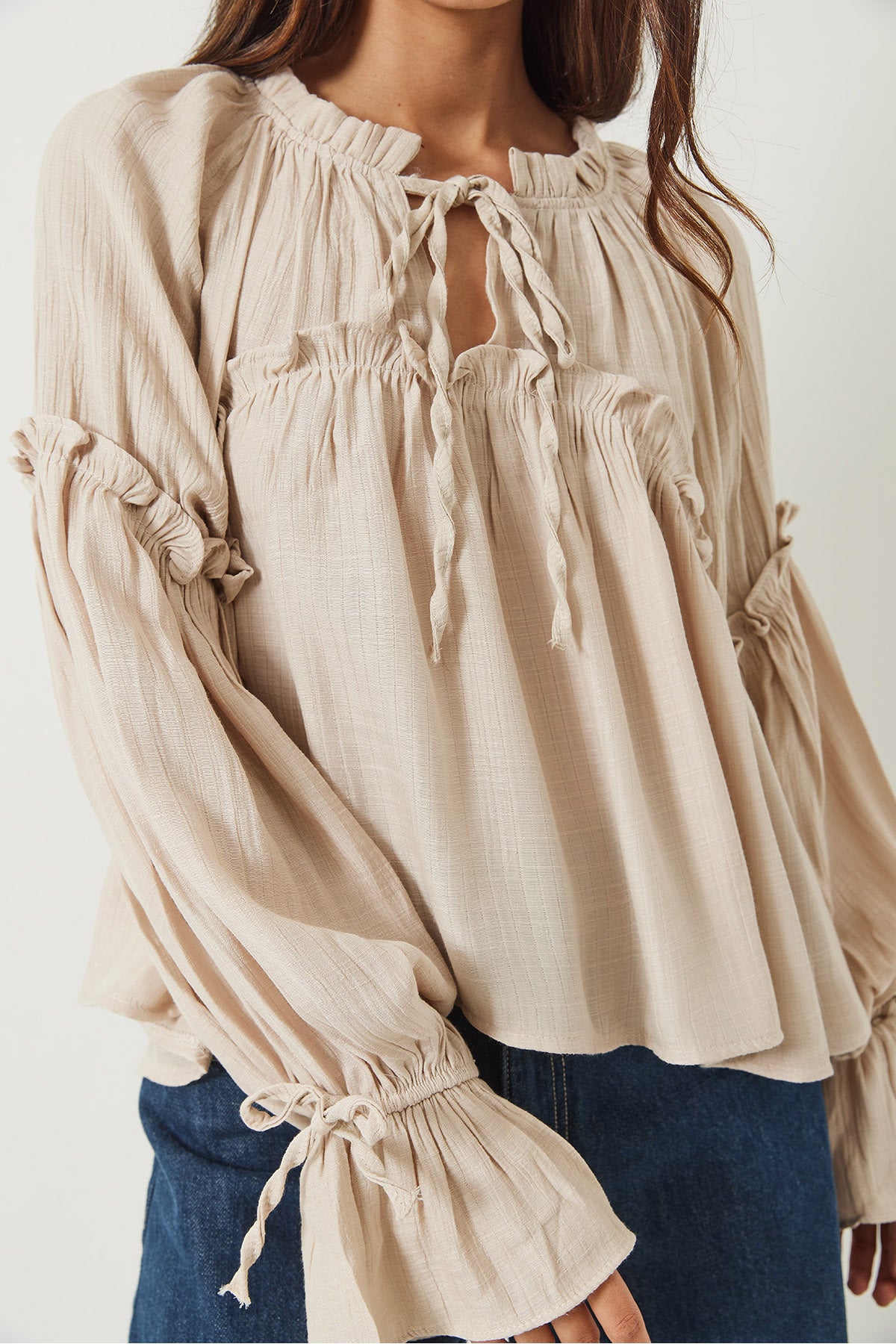 Women's Tie Detailed Balloon Sleeve Loose Seersucker Blouse 252 60282002