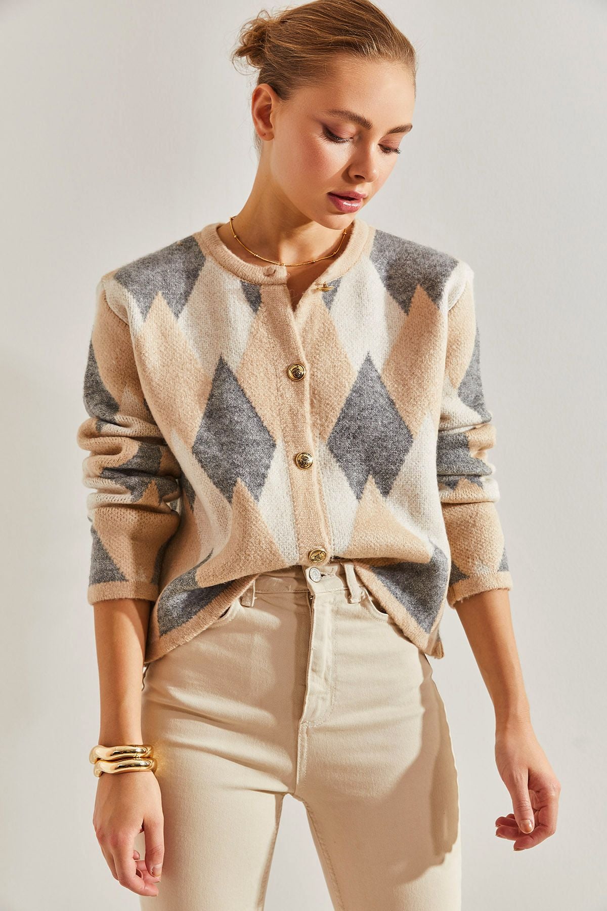 Women's baklava patterned knitwear cardigan
