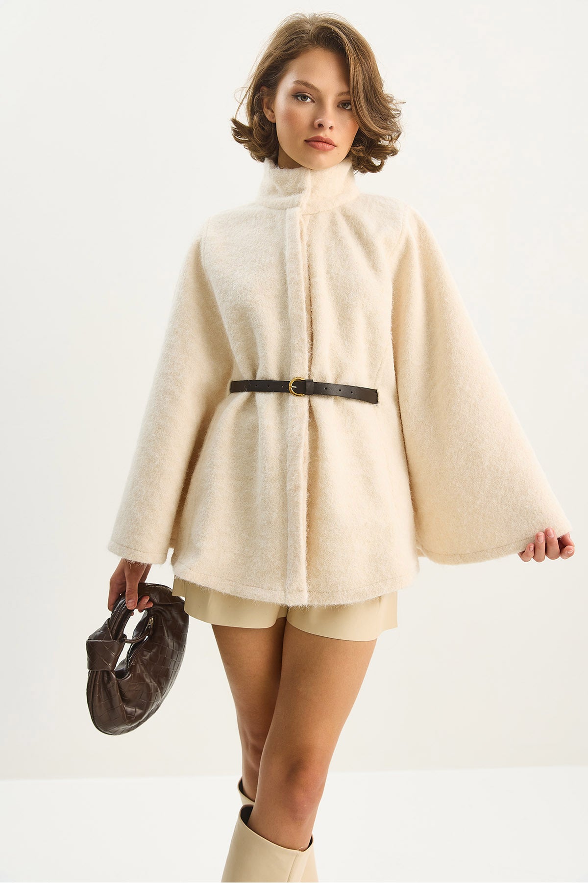 Women's Boucle Fabric Araboy Belted Stash Poncho 8014 60284101