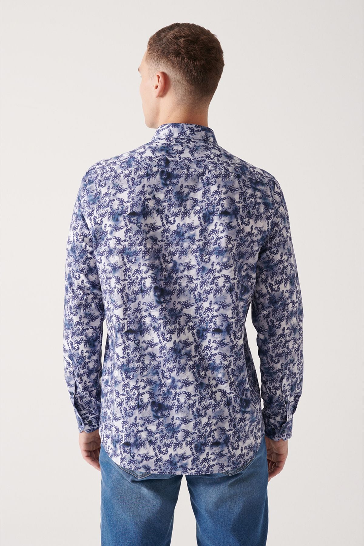 Men's Navy Blue Abstract Pattern 100 %Cotton Shirt A22Y2013