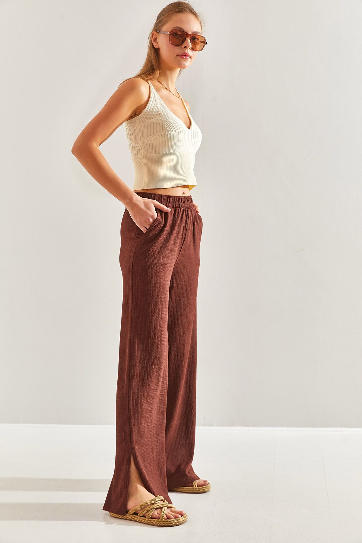 Women's waist rubber palazzo side slit trousers 60171010