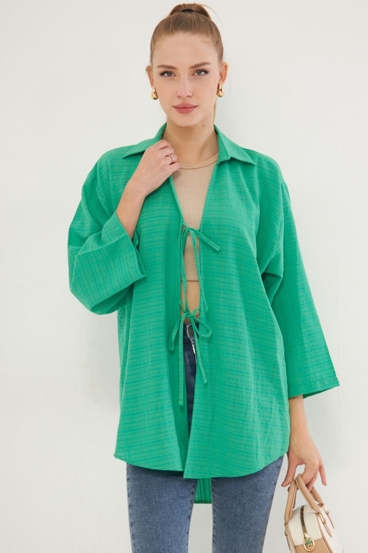 WOMEN LIGHT GREEN SHIRT COLLAR front with laced kimono shirt ARM-25K001006