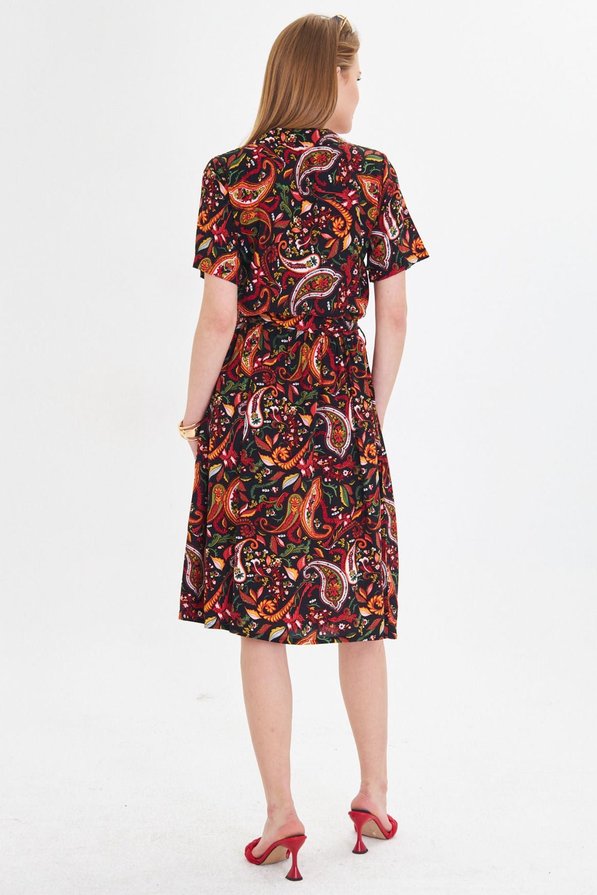 Female Mercan front buttoned waist shirred belt midi size dress ARM-24Y001068