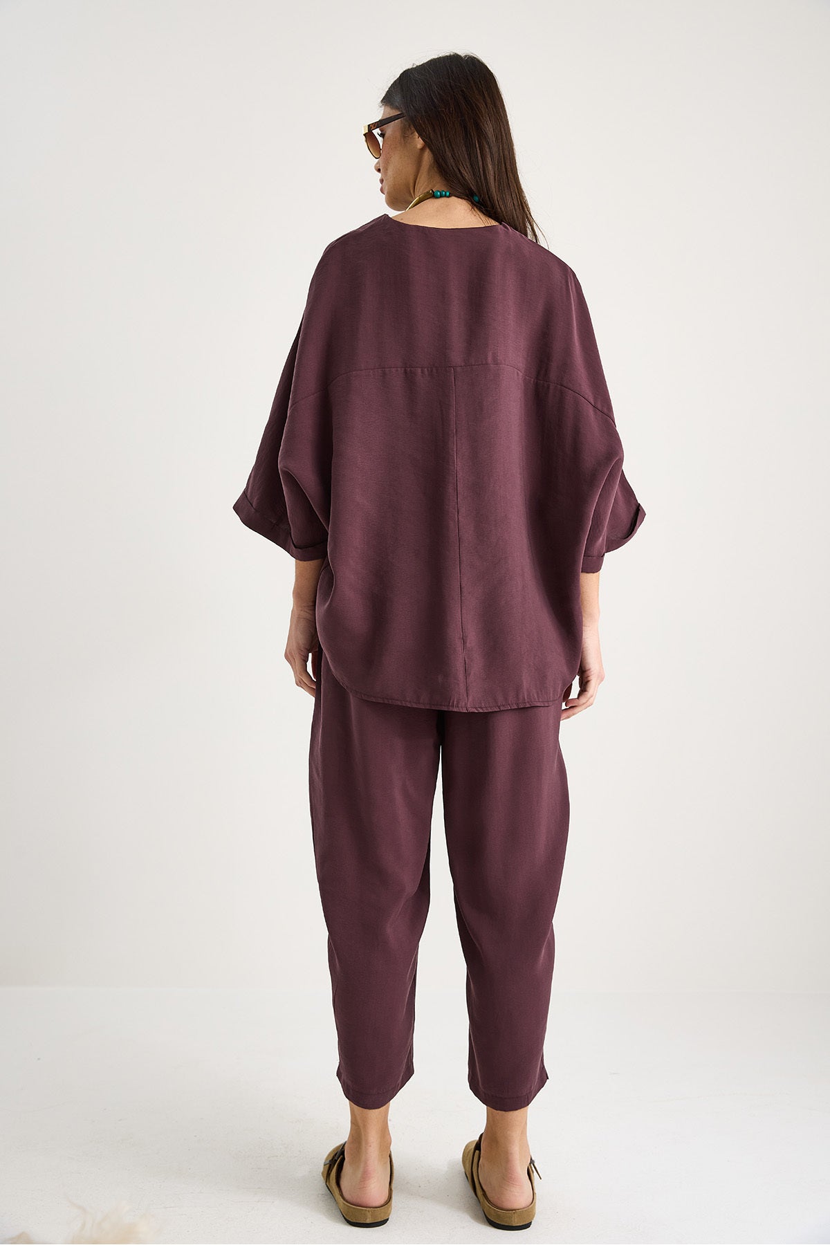 Women's V-Neck Bat Sleeve Blouse Elastic Waist Trousers Modal Suit 60283237