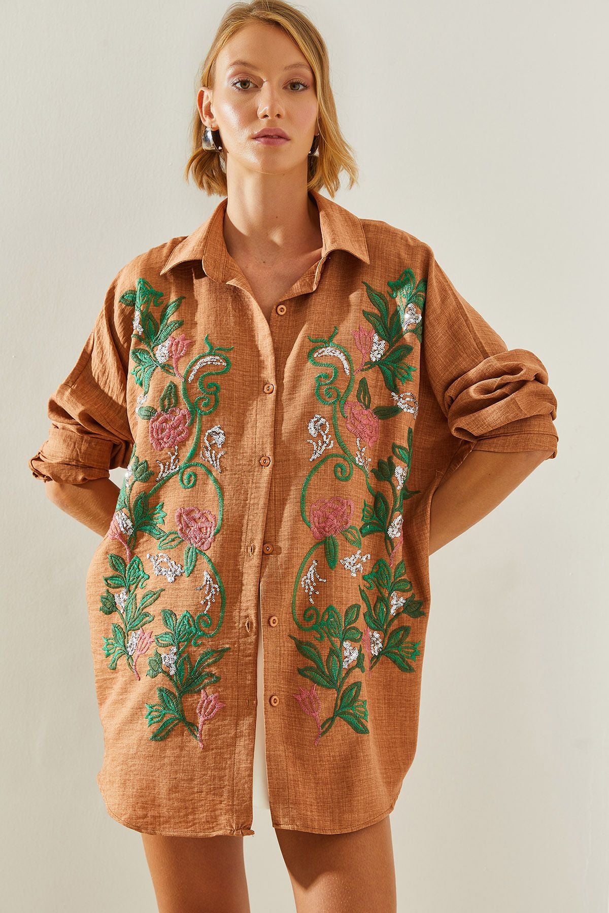 Modest Women Embroidered Sofia Keten Shirt 60181014