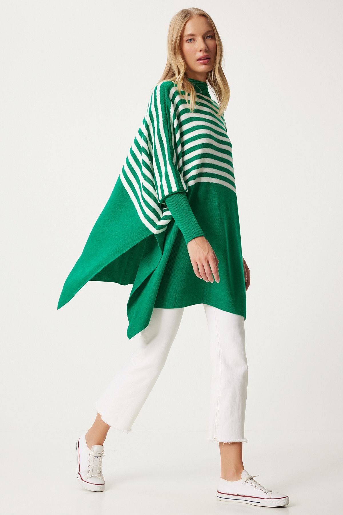 Women's Green Striped Side Slit Oversiz Pancho Sweater DD01336
