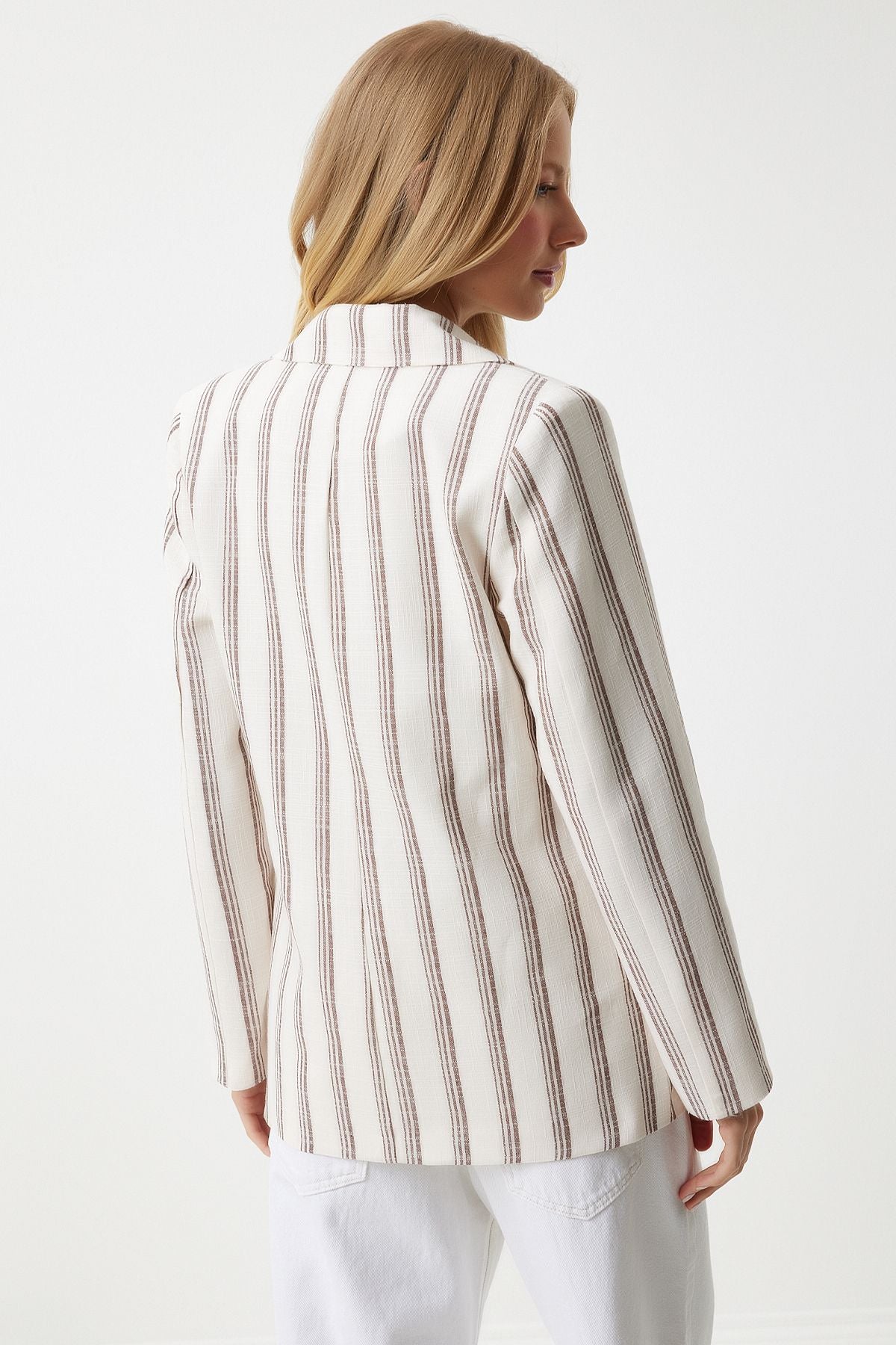 Female brown bone striped watt -linen mixed blazer jacket GP00006