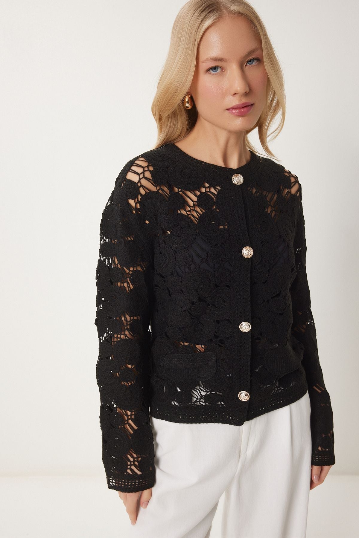 Female Black Flower Seasonal Triko Cardigan ES00175