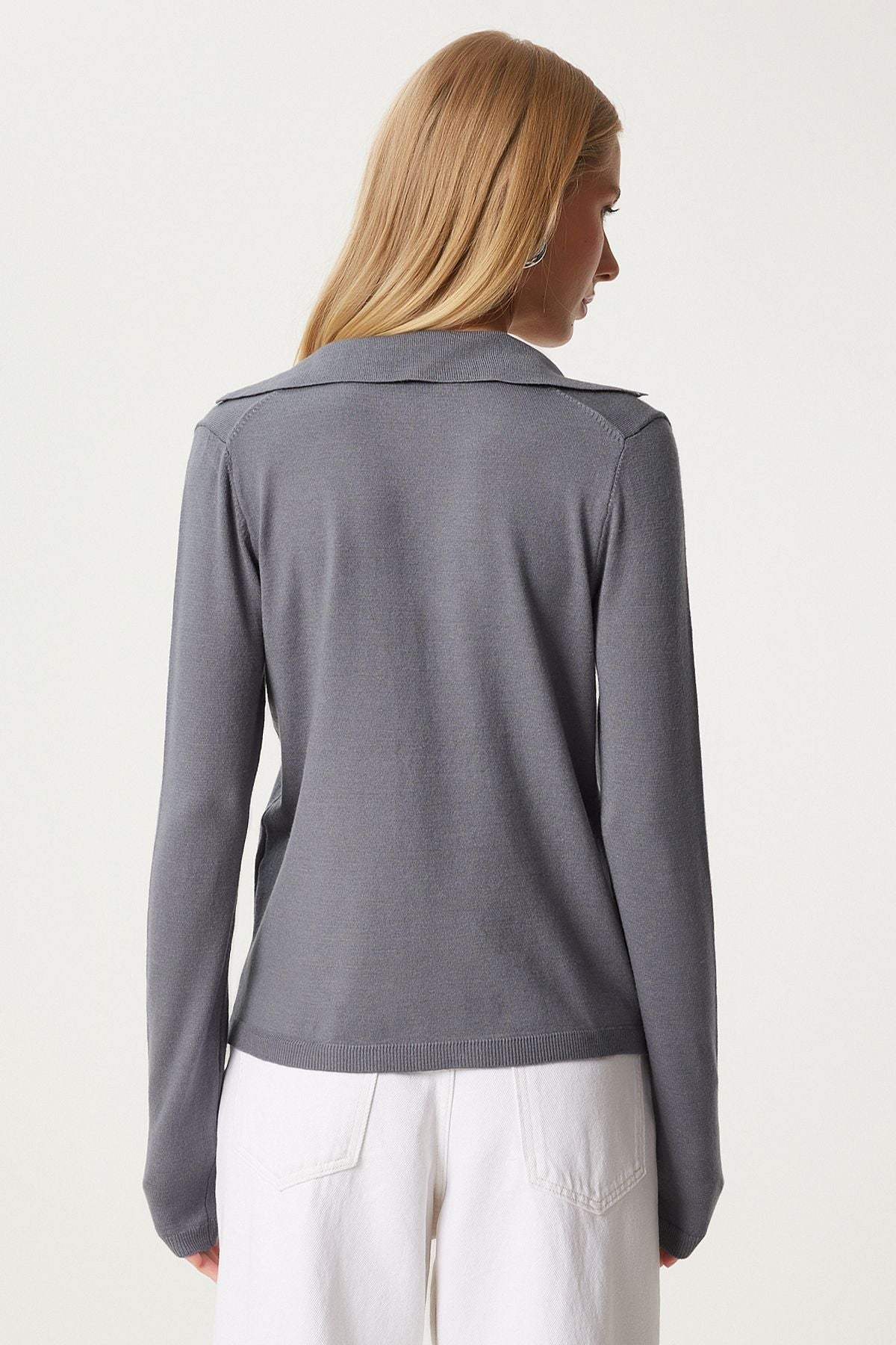 Women's Gray Polo Yaka Seasonal Triko Cardigan FN03301