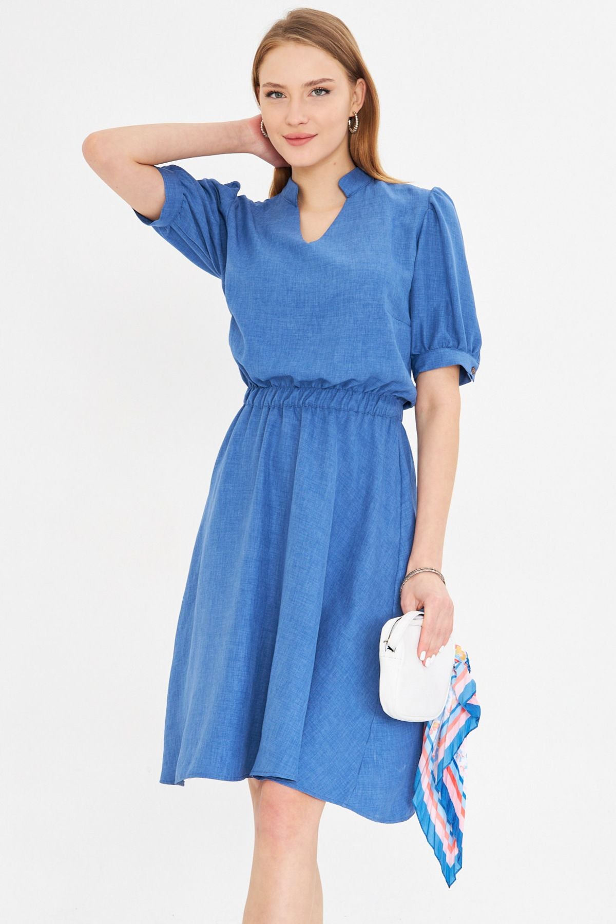Woman Dark Blue V-Yaka Waist Waist Tire Short Sleeve Clash Dress ARM-25Y001001