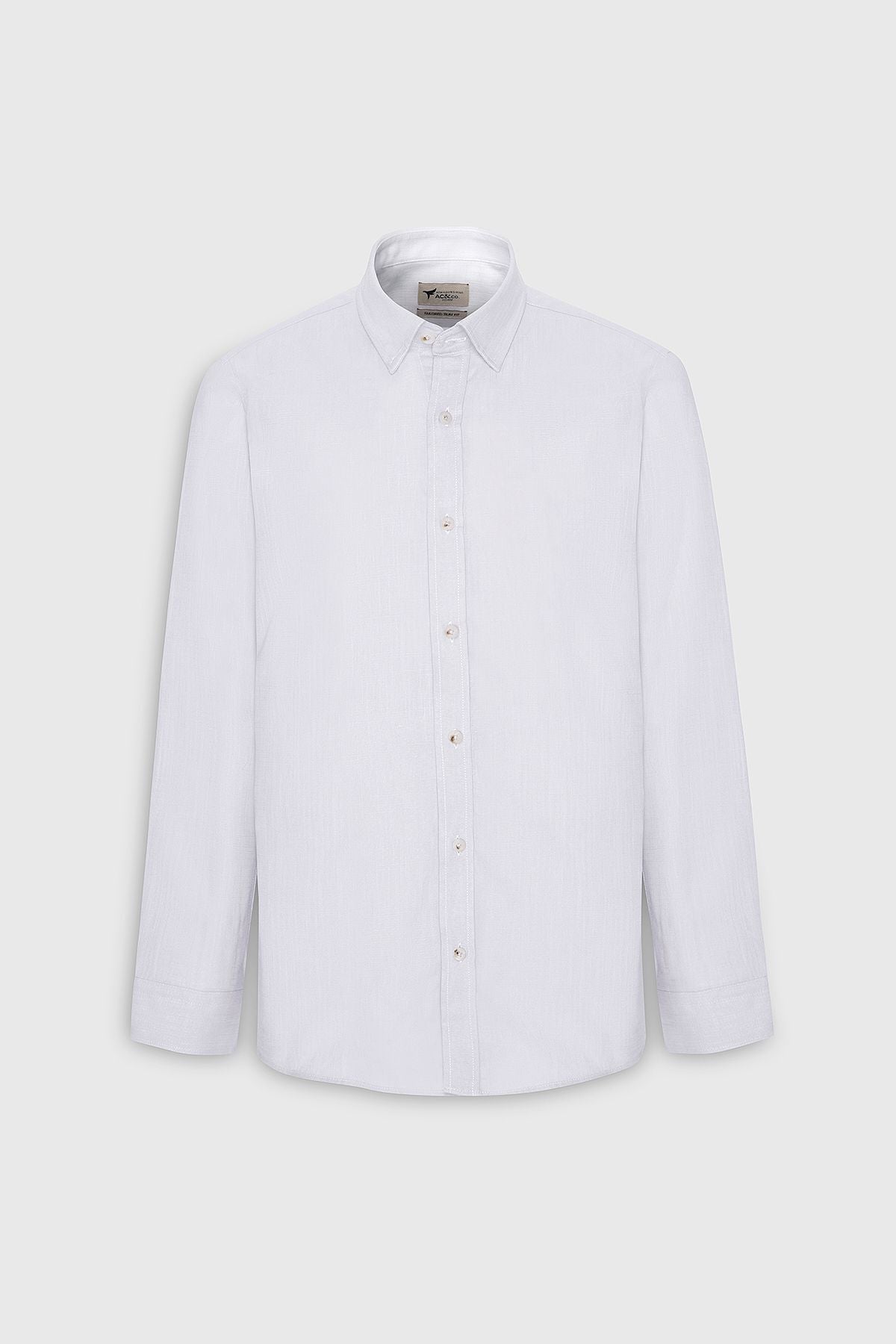Men's white 100 %cotton slim fit narrow cut hidden buttoned collar linen -looking pennant shirt