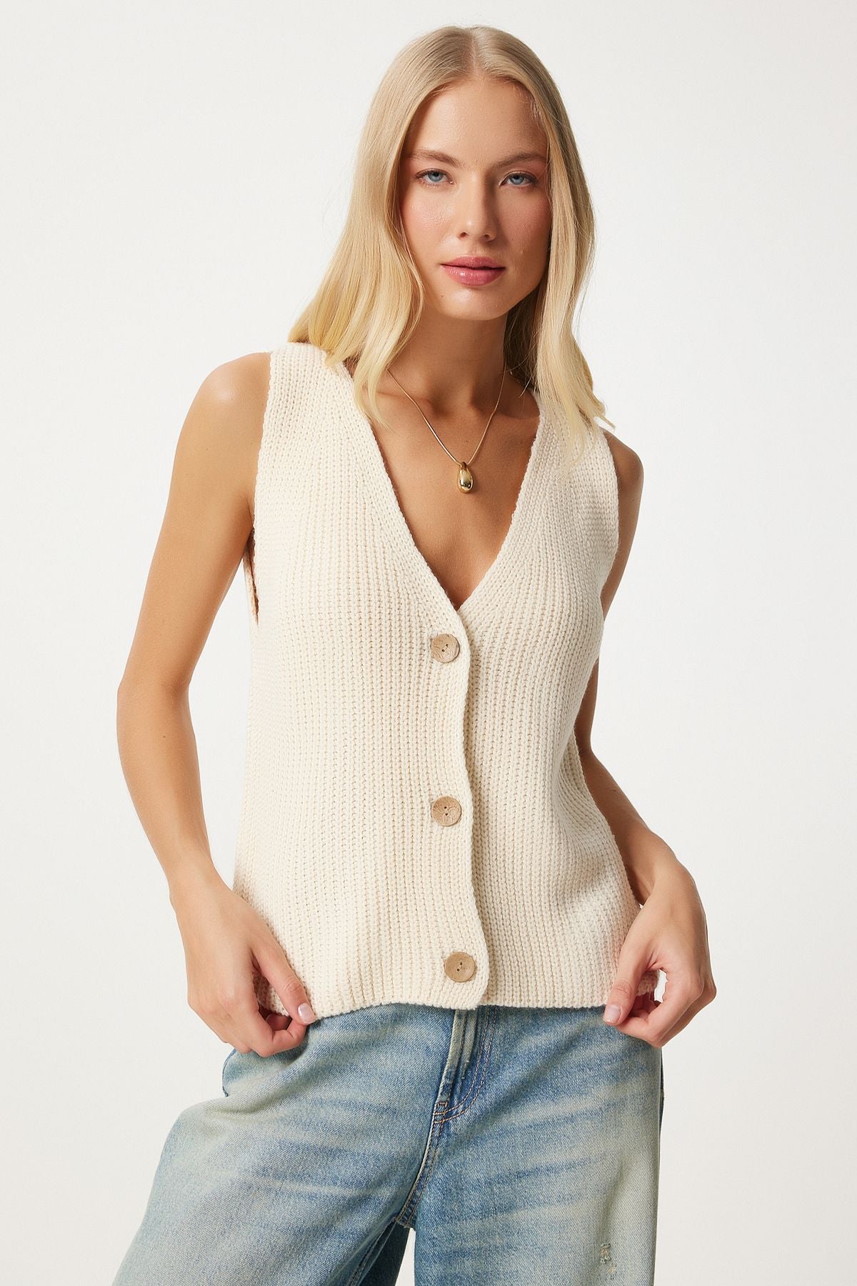 Women's Cream V -Yaka Knitwear Vest YY00221