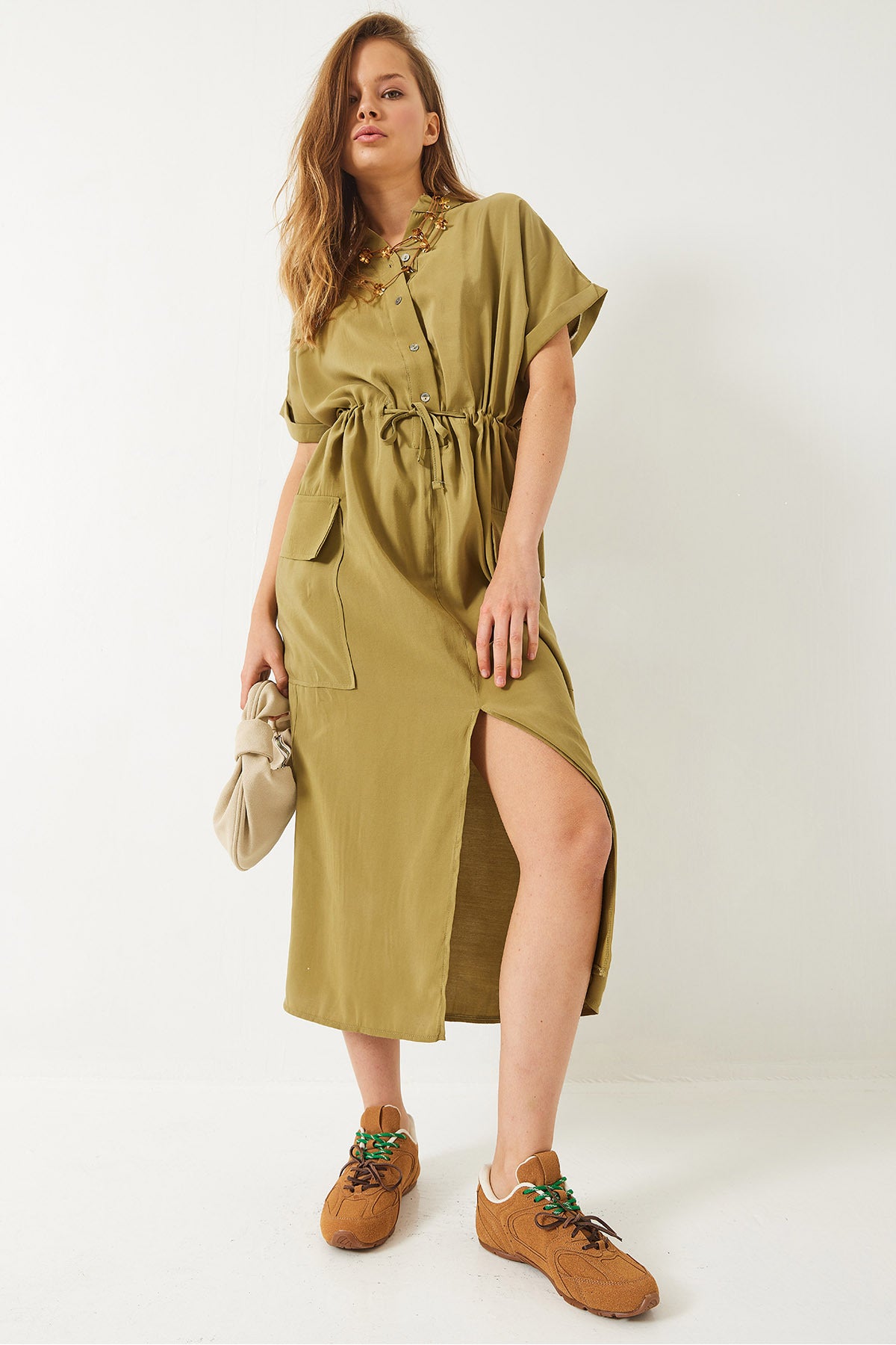 Women's Waist Tied, Front Slit, Bag Pocket Modal Dress 70316 60283001