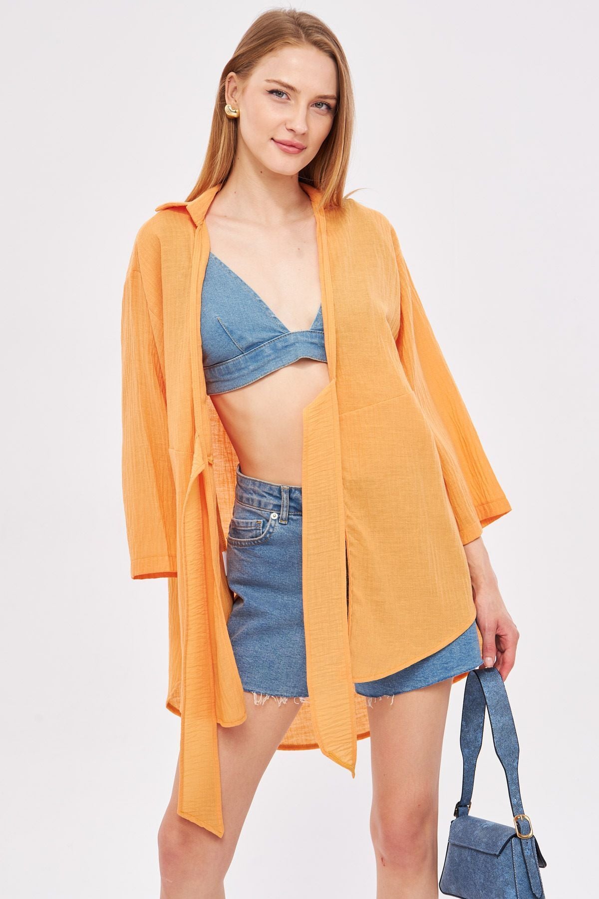 Female puppies with linen-looking front kimono shirt ARM-24Y001063