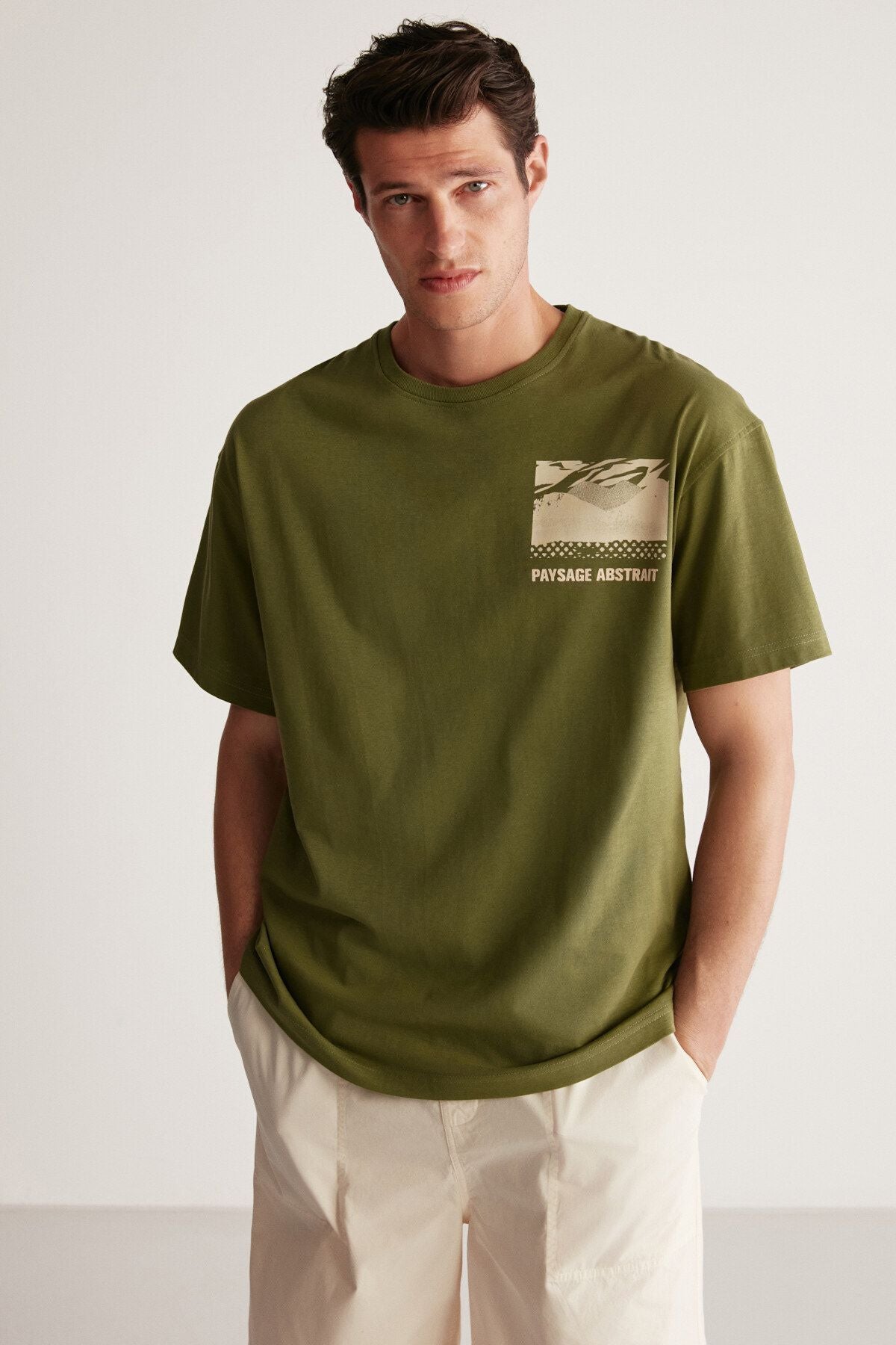 Stuart Men's Oversize Fit 100 %Cotton Thick textured printed printed khaki t-shirt